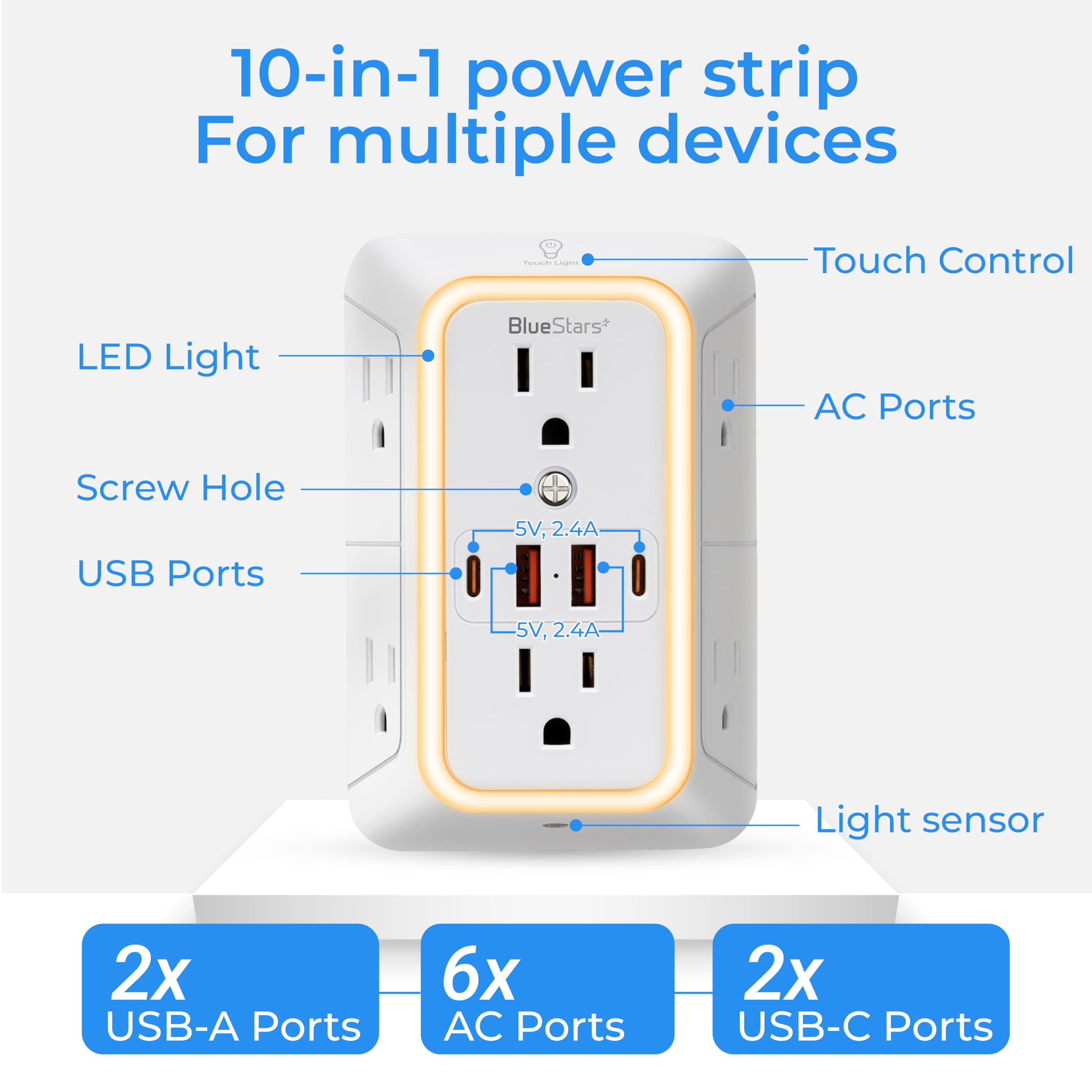 Cargador de pared USB con protector de sobretensiones de enchufe múltiple con 4 puertos USB y luz nocturna tira de alimentación de 3 lados con adaptador de tomas espaciadas