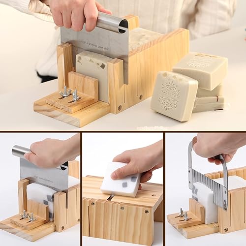 Miniatura 3 de Kit de fabricación de jabón, molde de silicona para pan de 42 onzas, caja de corte de jabón de madera ajustable multifunción con cortador ondulado y