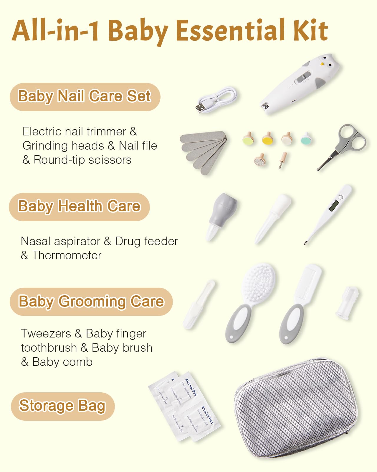 Lictin Set para Cuidado del Bebé-26 en 1 recargable cortaúñas eléctrico para bebé set, Lima de uñas para bebés con iluminación automática, Portátil Kit de Aseo para Bebés, ¡gran idea de regalo - 5