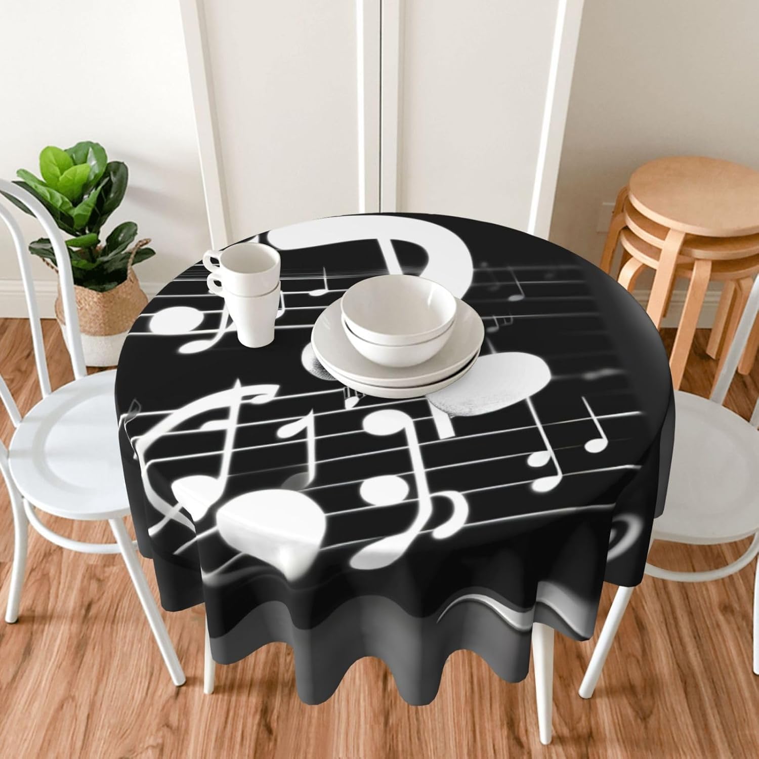 Black White Music Note Print Wrinkle Free Dining Table Cover for Birthday Party Farmhouse Tablecloths Up to 60 x 60 Inches