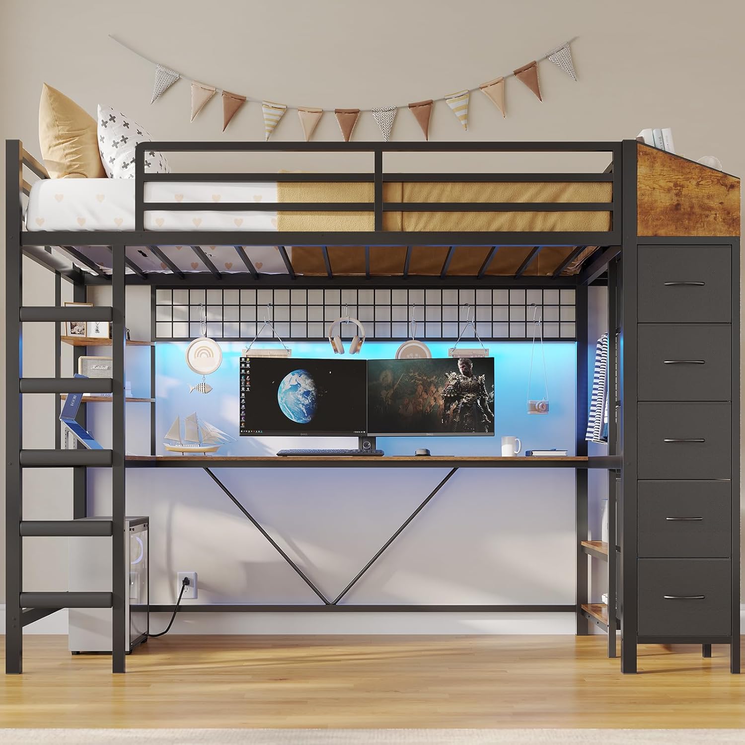 VIAGDO Loft Bed Twin Size with Hall Tree, Charging Station and LED Lights, Metal Loft Bed with L-Shaped Desk, 5 Storage Drawers, Heavy Duty Twin Size Bed with Stairs, No Box Spring Needed, Black