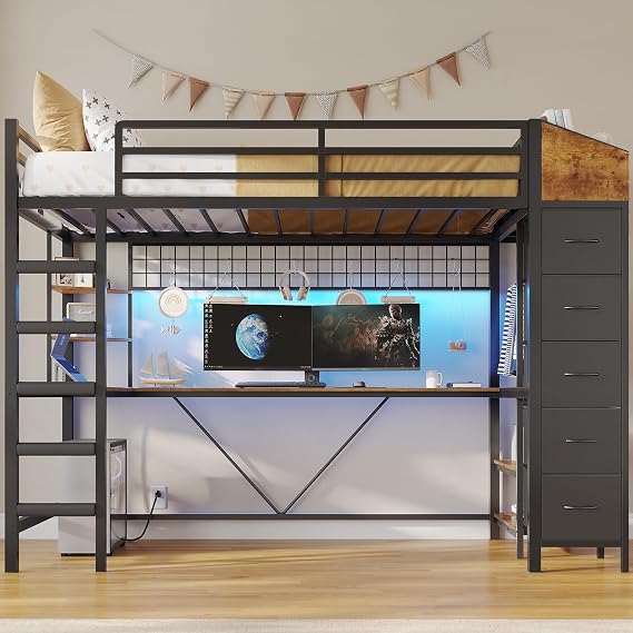 Loft Bed Twin Size with Hall Tree, Charging Station and LED Lights, Metal Loft Bed with L-Shaped Desk, 5 Storage Drawers, Heavy Duty Twin Size Bed with Stairs, No Box Spring Needed, Black