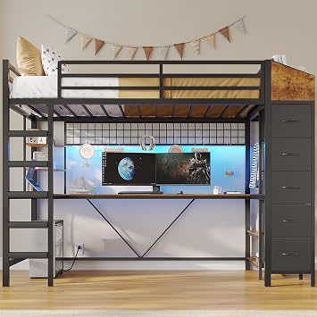 Loft Bed Twin Size with Hall Tree, Charging Station and LED Lights, Metal Loft Bed with L-Shaped Desk, 5 Storage Drawers, Heavy Duty Twin Size Bed with Stairs, No Box Spring Needed, Black