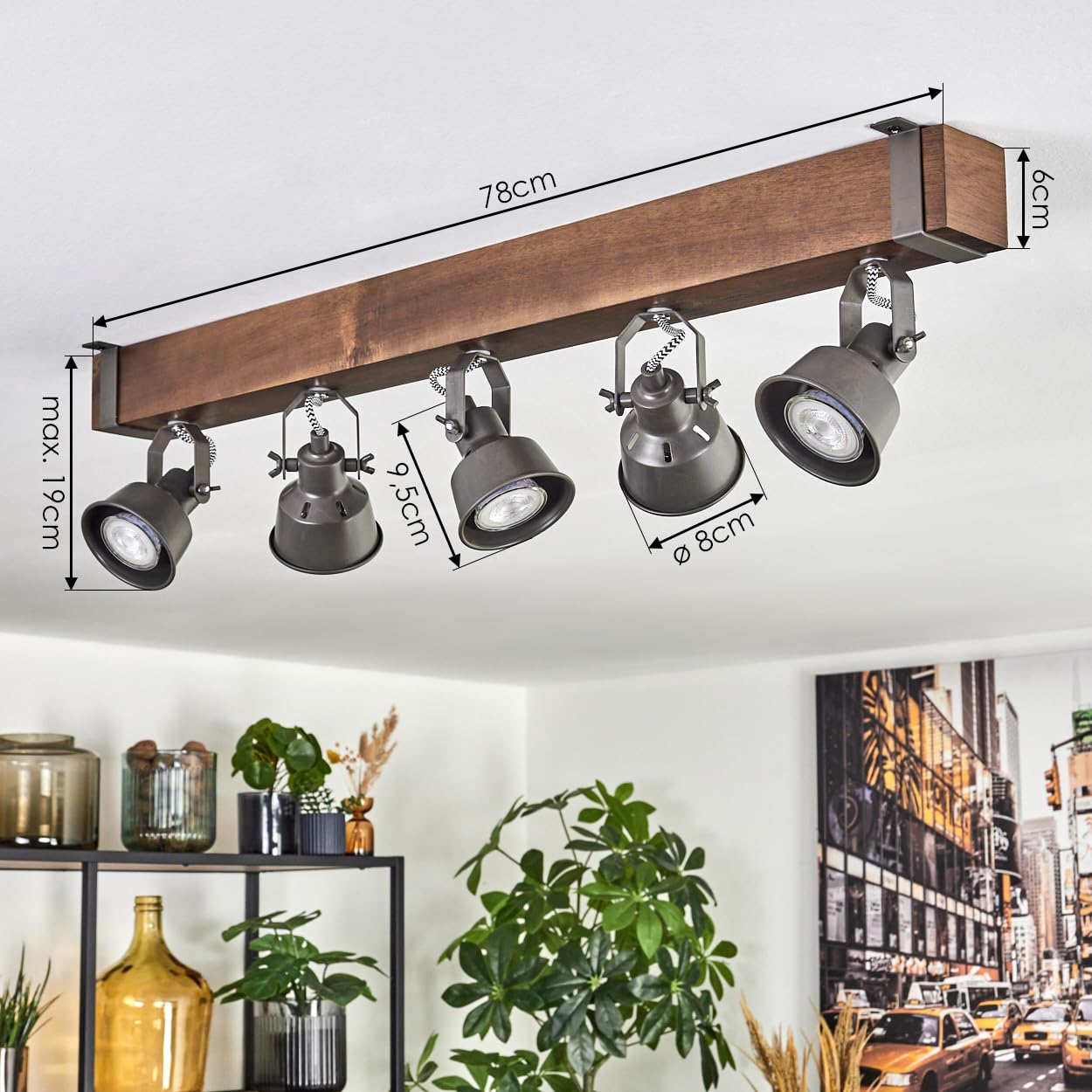 Plafonnier Pehefito de HOFSTEIN, à 5 ampoules en métal/bois gris/marron foncé, luminaire orientable au design industriel/rétro/vintage avec poutres en bois, GU10, salle à manger, salon, cuisine