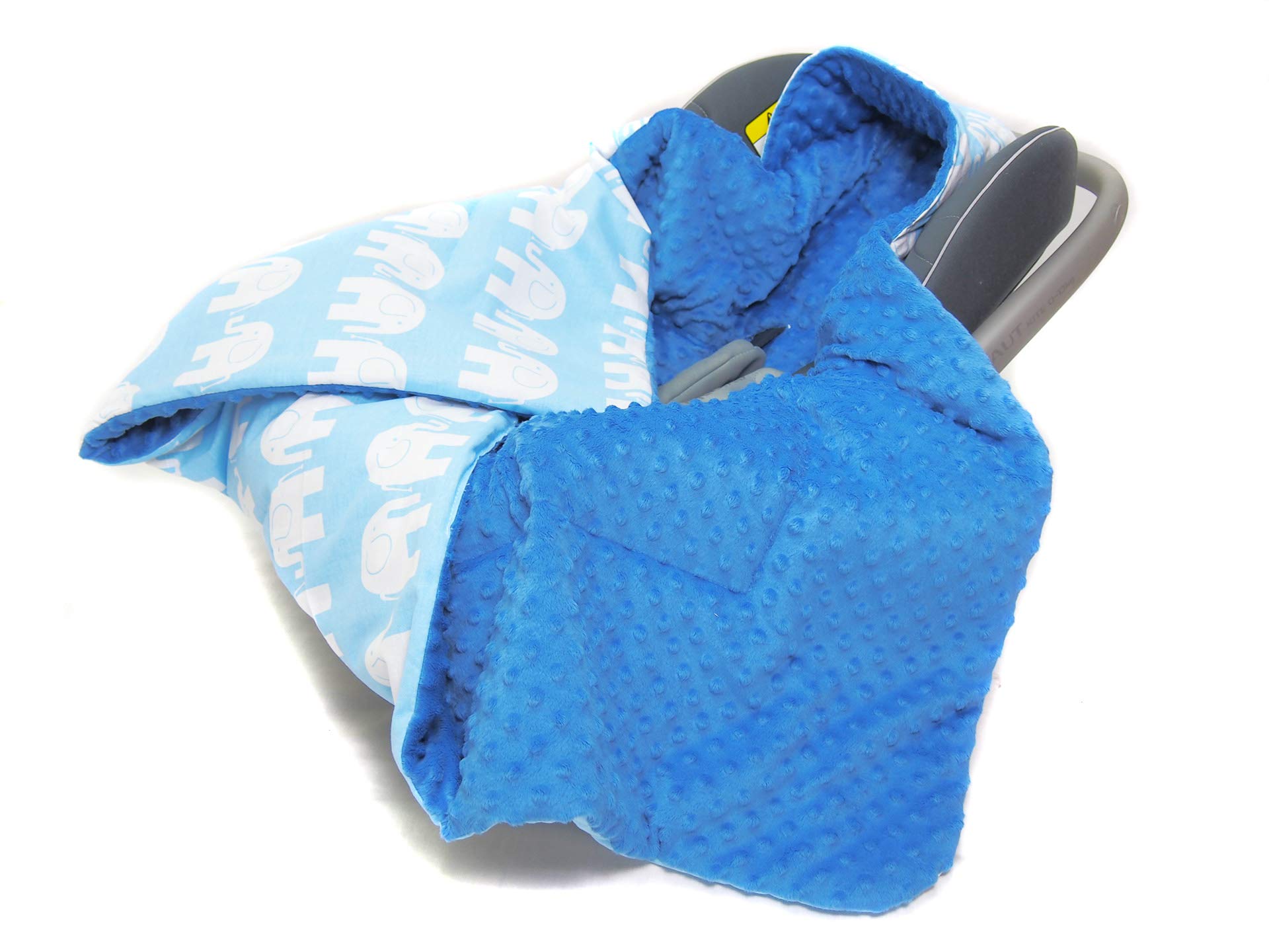 Hooded CAR SEAT PADDED BABY BLANKET Reversible Cotton / Minky * COVER * COSYTOES * PUSHCHAIR BLANKET (White Elephants on Blue with Blue Minky)