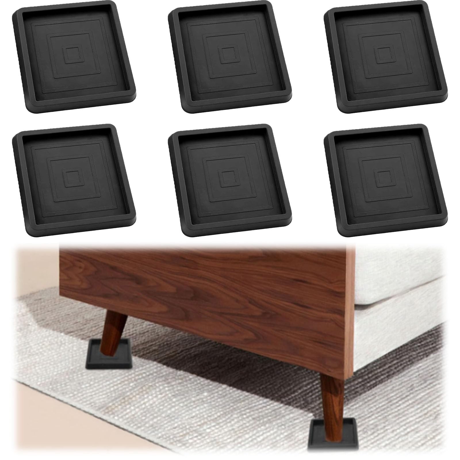 Furniture Coasters Cups 6pcs - Rubber Furniture Feet Caster Cups Floor Protectors Square Table Chairs Legs Cup Pads for Carpet Floors Piano Sofa