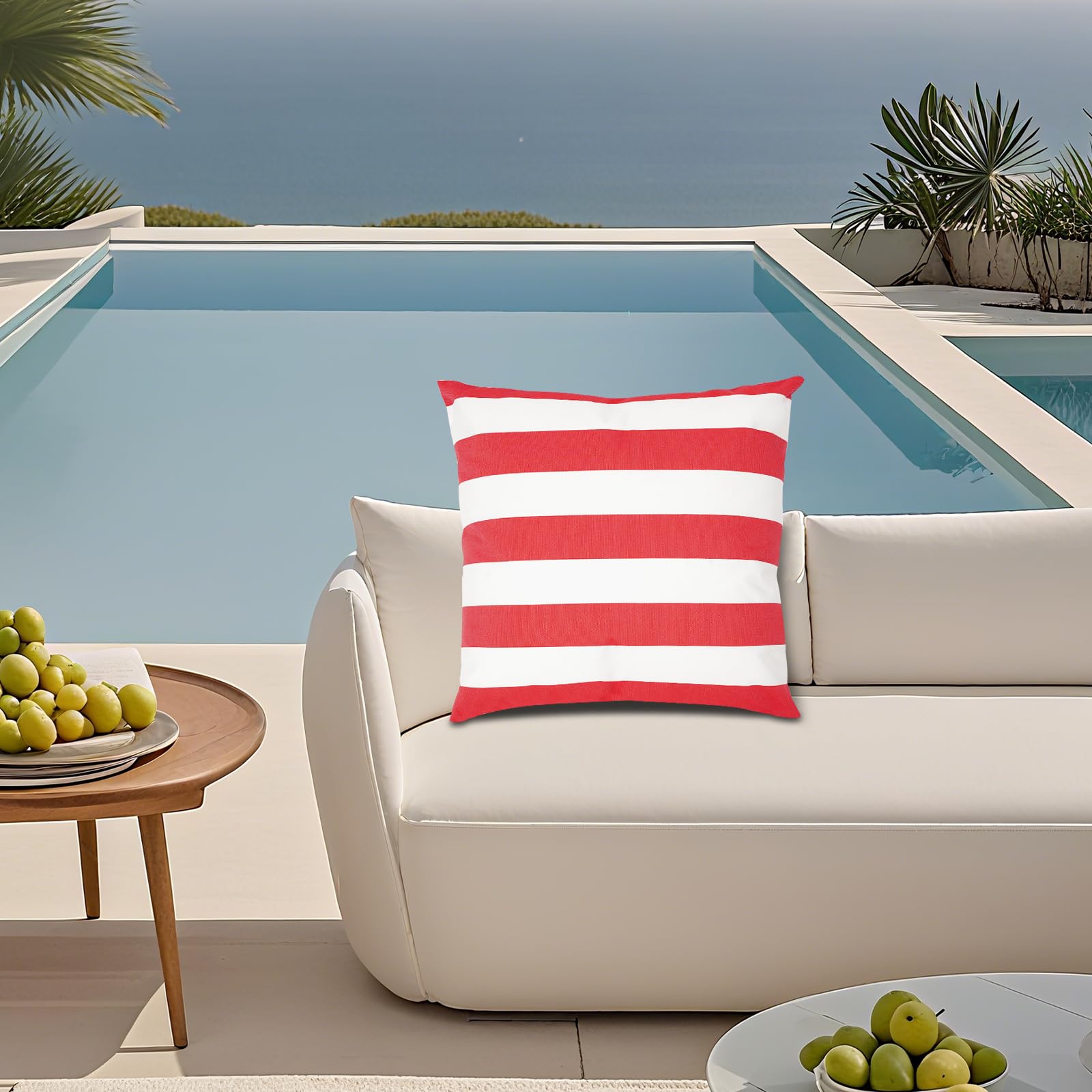 45 x 45 cm, cuscino per esterni, resistente alle intemperie, con chiusura lampo invisibile, quadrato, con imbottitura e rivestimento, impermeabile, a righe, decorazione (rosso, bianco)
