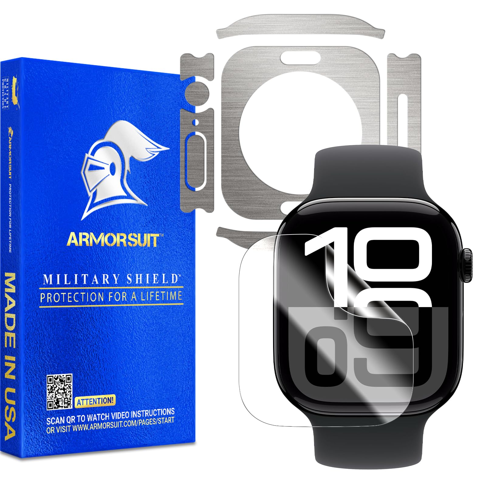 ArmorSuit for Apple Watch Series 10 46mm Brushed Titanium Textured Vinyl Skin + Clear 6 Pack Screen Protector Film - Made in USA