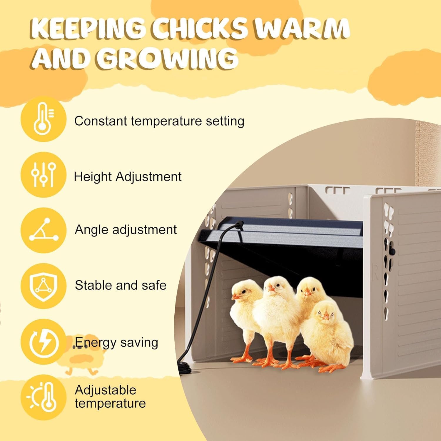 Criadora de Pollitos, 25W Calentador de Pollos con Paneles Anti-Viento, 10-65°C Termostática Calentador para Gallineros con Pantalla LED Digital, Ángulos de Inclinación y Altura Ajustable (Negro)