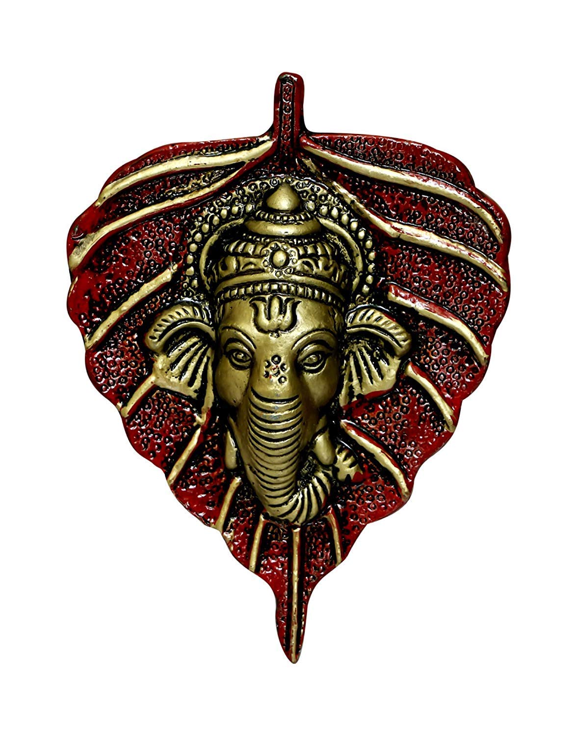 Pick End Now Brass Lord Ganesh Wall Hanging with Red Leaf Idol for Décor | Ganpati Lucky Feng Shui Wall Décor Showpiece Figurines, Product Dimensions - 10.16 x 2.54 x 12.7Cm, 250Gm