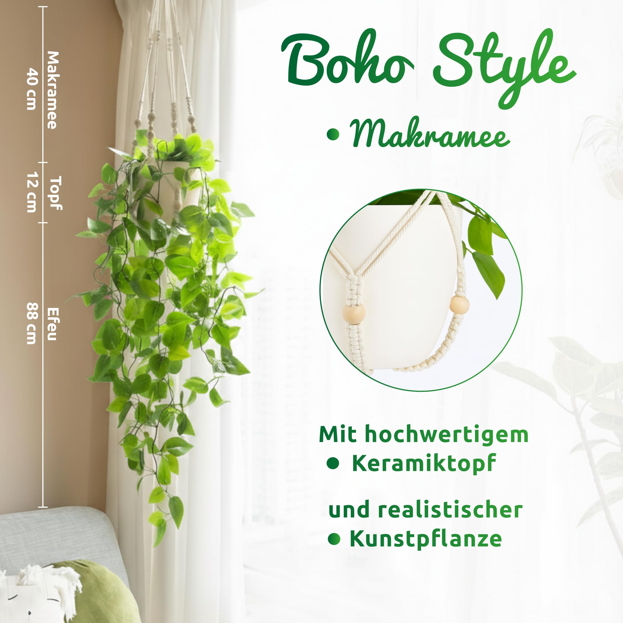 PASCH® Lierre artificiel en pot (céramique) avec suspension en macramé tissée à la main | Plante artificielle suspendue | Plante artificielle en pot | Plantes artificielles suspendues | Faux lierre à
