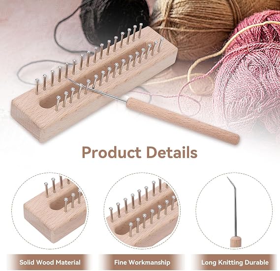 Beufee Wooden Knitting Loom, with Elbow Crochet Hook, Rectangular HandWeaving Machine Knitting Board 32 Pegs for Scarf Sweater Shawl Hat Craft