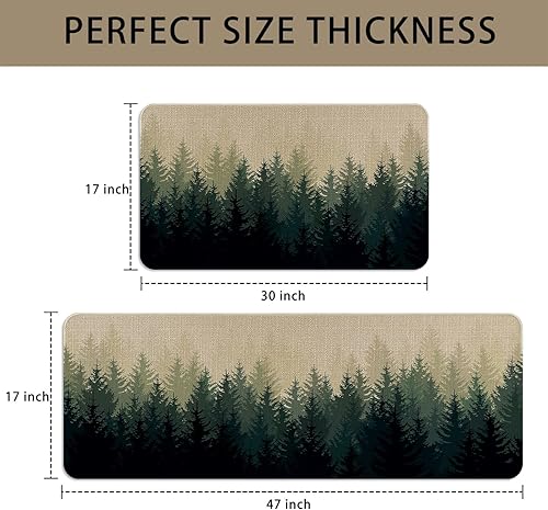 Miniatura 3 de Juego de 2 alfombras de cocina de granja, bosque brumoso, naturaleza, árbol de cocina, tapete para piso, verde y blanco, antideslizante, lavable,