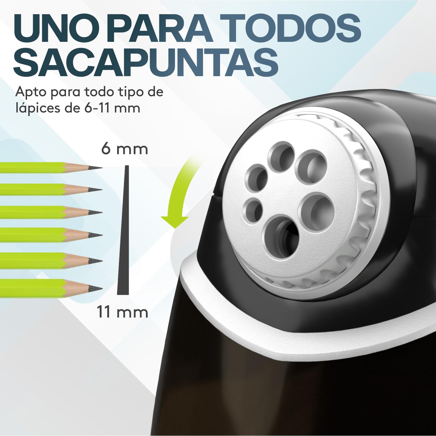 ACROPAQ Afilador eléctrico - Afilador profesional, con recipiente, 6 orificios para bolígrafos gruesos y finos - sacapuntas con lata - negro,41010