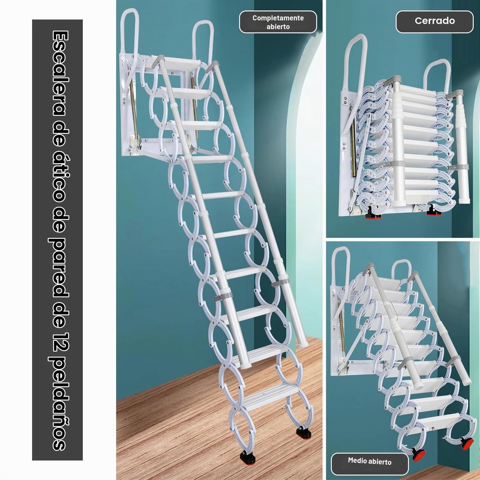 Escalera de ático de Pared, 12 Peldaños Escaleras Telescópicas desván, Escaleras Metálicas Plegables para áticos con Peldaños Telescópicos, para áticos, garajes y techos (Black, 12 Peldaños)