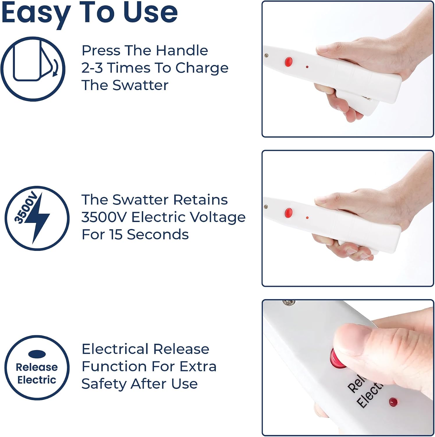 Ninestars Battery-Free Electric Mosquito Fly Swatter, Ergonomic Press-to-Charge Design with ABS Body and Triple-Layer Safety Mesh White