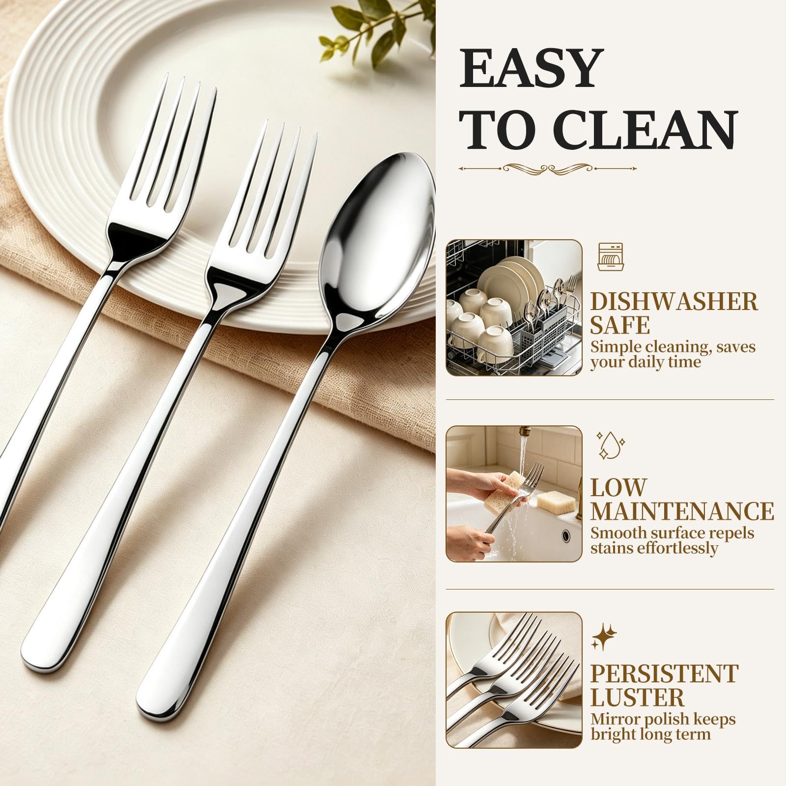 24Pcs Spoons and Forks Set Silverware - Food Grade Stainless Steel Flatware Set for Kitchen, Mirror Polished, Dishwasher Safe - 12 Dinner Forks(7.5 inch) & 12 Dessert Spoons(8.1 inch) — Amazon image 8