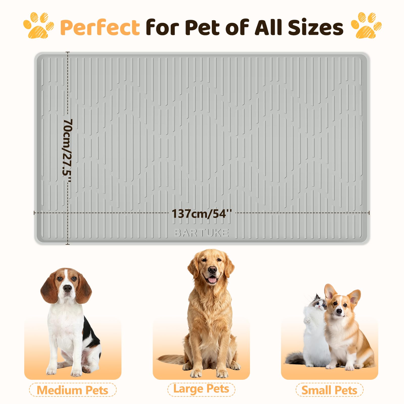 Tapis de cage en silicone pour chien, 137,2 x 69,8 cm, tapis de niche avec bord surélevé, lavable, imperméable, étanche, protège les sols
