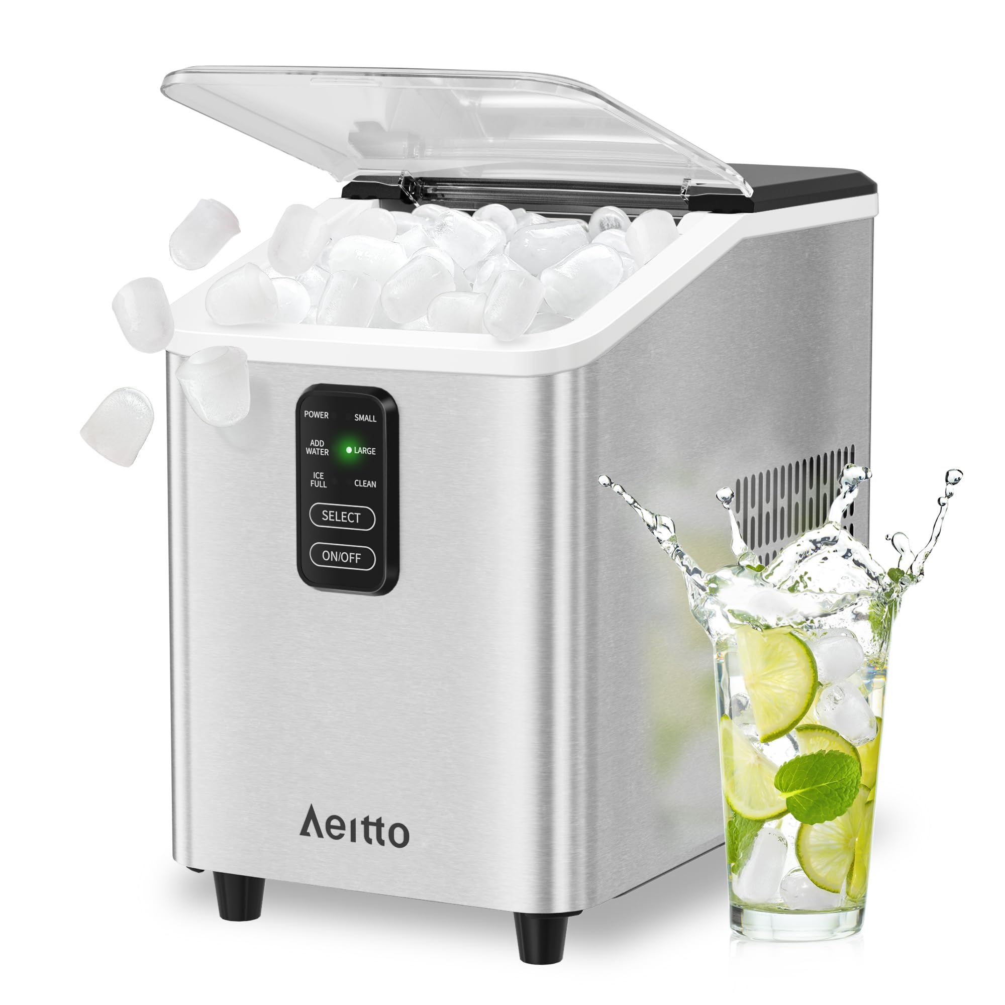 Photo 1 of Aeitto Ice Maker Countertop 26lbs/24H, 8 Ice Cubes 2 Sizes of Bullet Ice Ice Machine Ready in 6 Mins, Portable Ice Makers with Basket & Scoop, Auto Self-Cleaning for Home/Kitchen/Office Stainless