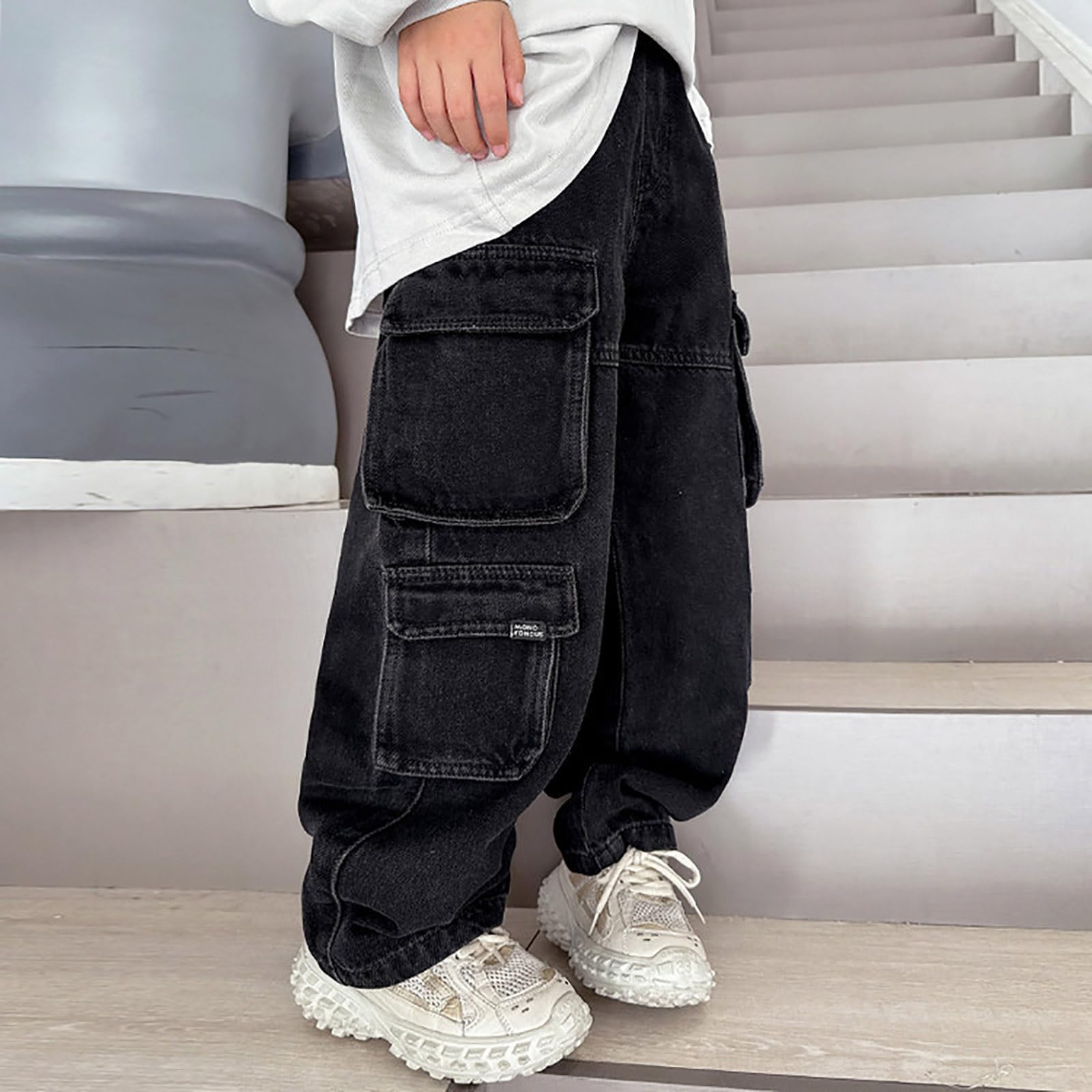 Pantalones Cargo Vaqueros Pierna Ancha para Niños Denim Lavado Desgastado con Bolsillos Grandes Pantalones Holgados Resistentes para Viajes Excursiones Familiares Multifuncional Tallas Completas