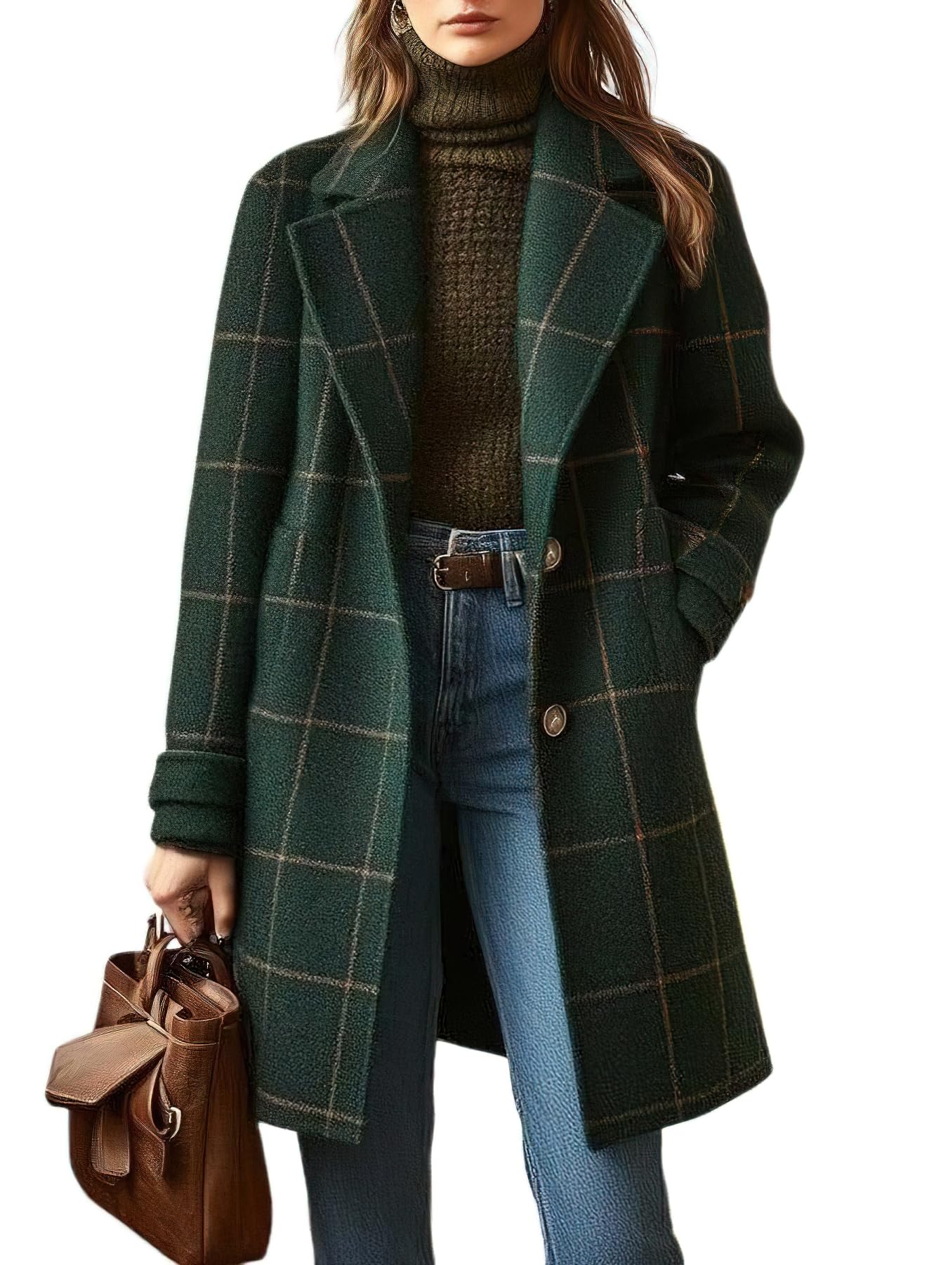 chouyatou Womens Winter Notched Collar Plaid Wool Trench Coat Button Down Mid Long Overcoat Outerwear