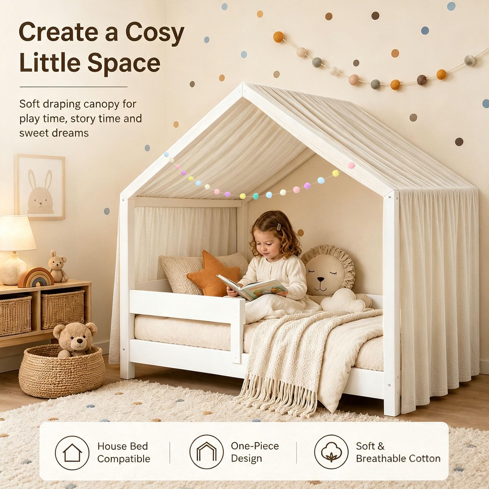 Baldaquin Lit Enfant Maison – 100% Coton, Betthimmel Maison, Voilage Lit Cabane Chambre Enfant, Décoration Baldachin Chambre Fille Garçon, Ruban Décoratif 5 m, 135 x 360 cm (Gris Abricot)