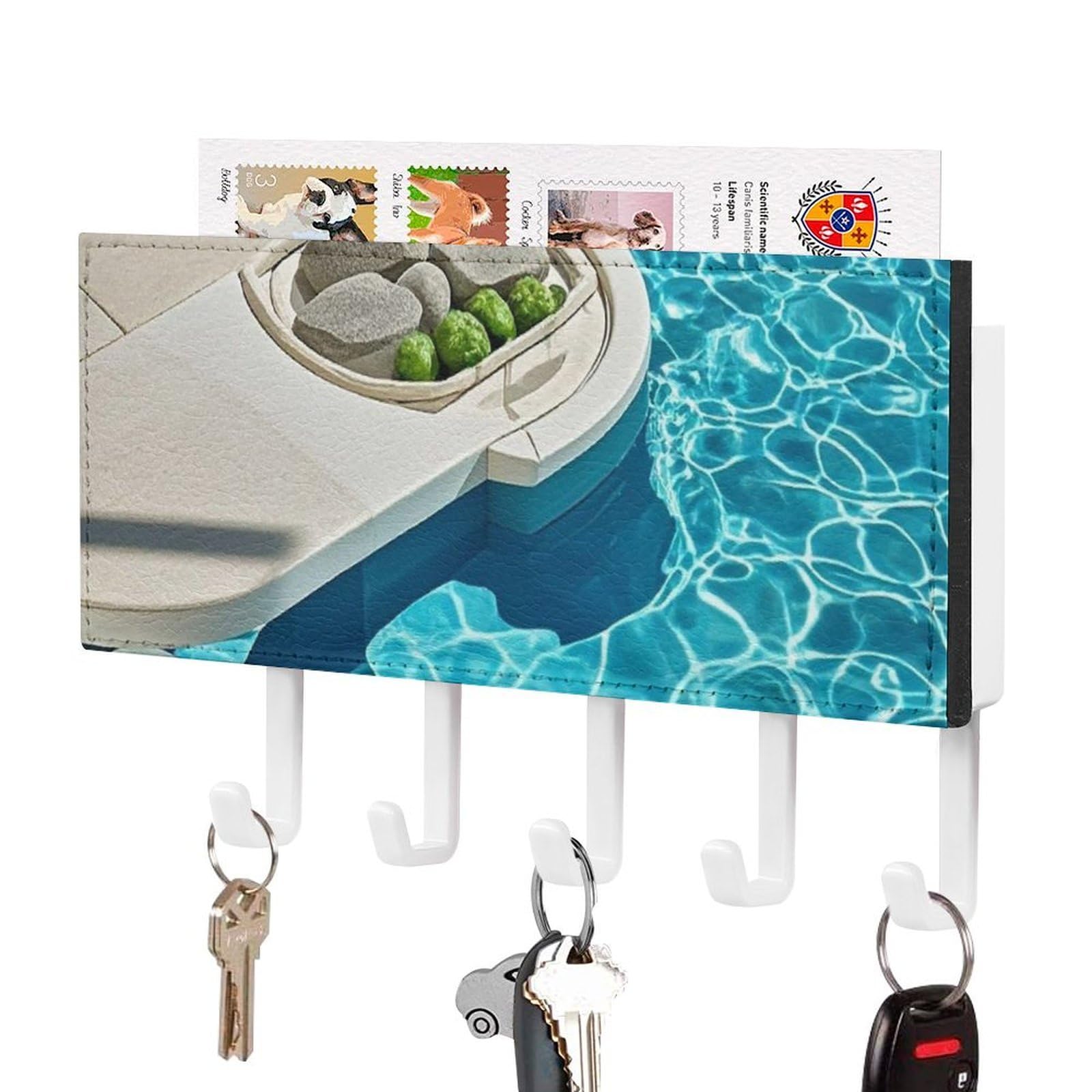 Fekiloot White-Style Blue Aqua Pool Water Key Holder Wall Mount Key Hanger With 5 Hooks Decorative Key Rack Hanging Key Hooks With Mail Organizer Key Holder For Wall Living Room Kitchen Bathroom Hallway White