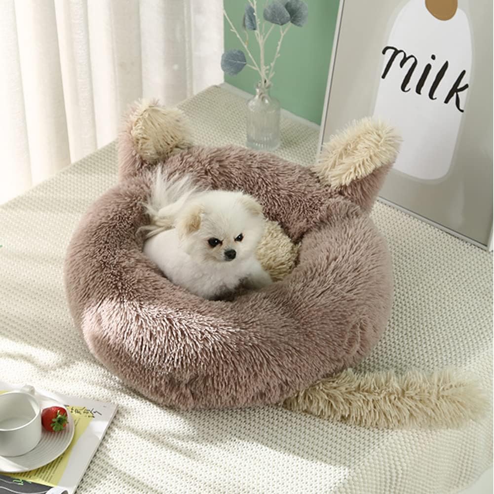 Cute Plush Pet Bed for Dogs Calming Donut Cat Sofa Bed Soft Mat with Ears and Tail Style Light Grey Diameter 27.5"(70cm)