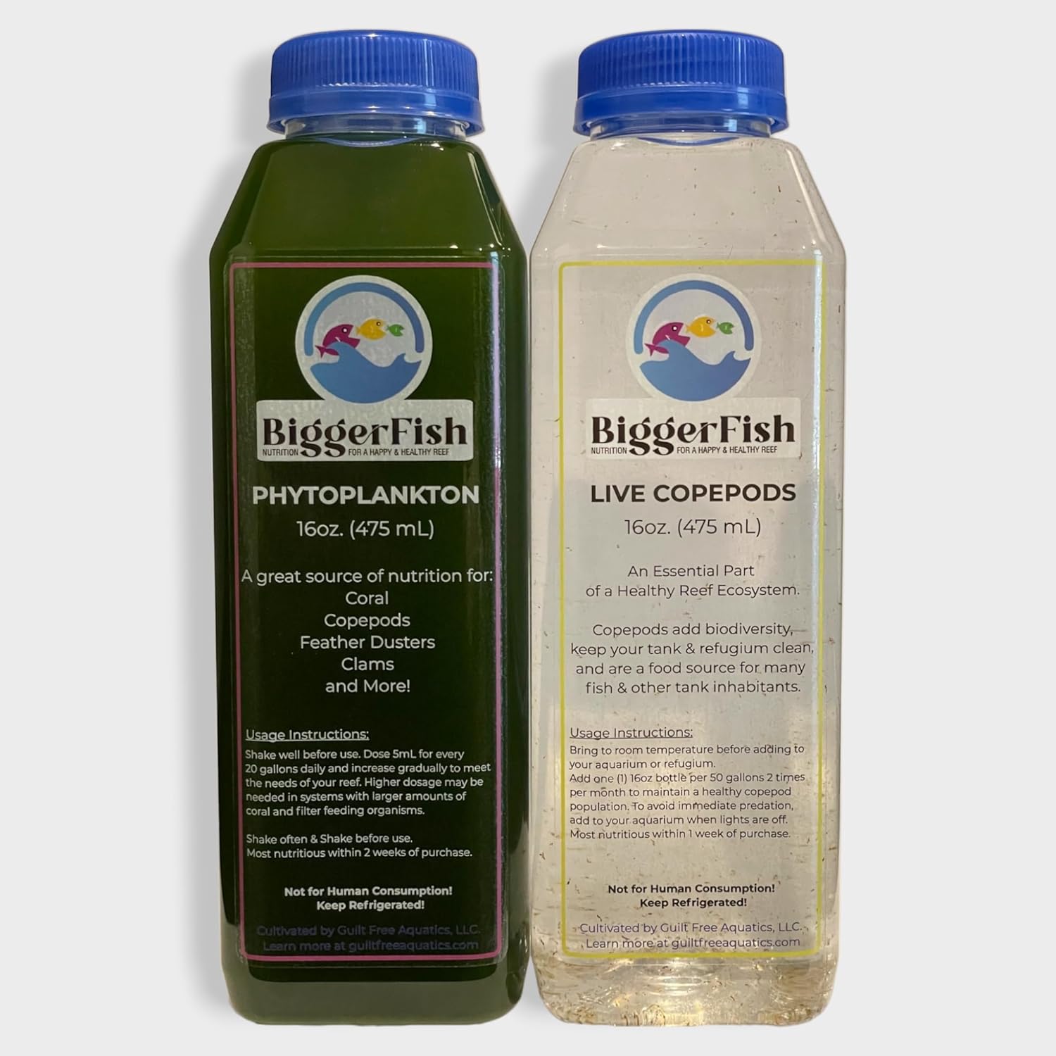 BiggerFish Live Copepods + Phytoplankton Combo Pack for Saltwater Fish, Coral, Invertebrates, 2 16oz Bottles, Provide Vital Biodiversity and Nutrition for Saltwater Reef Aquariums