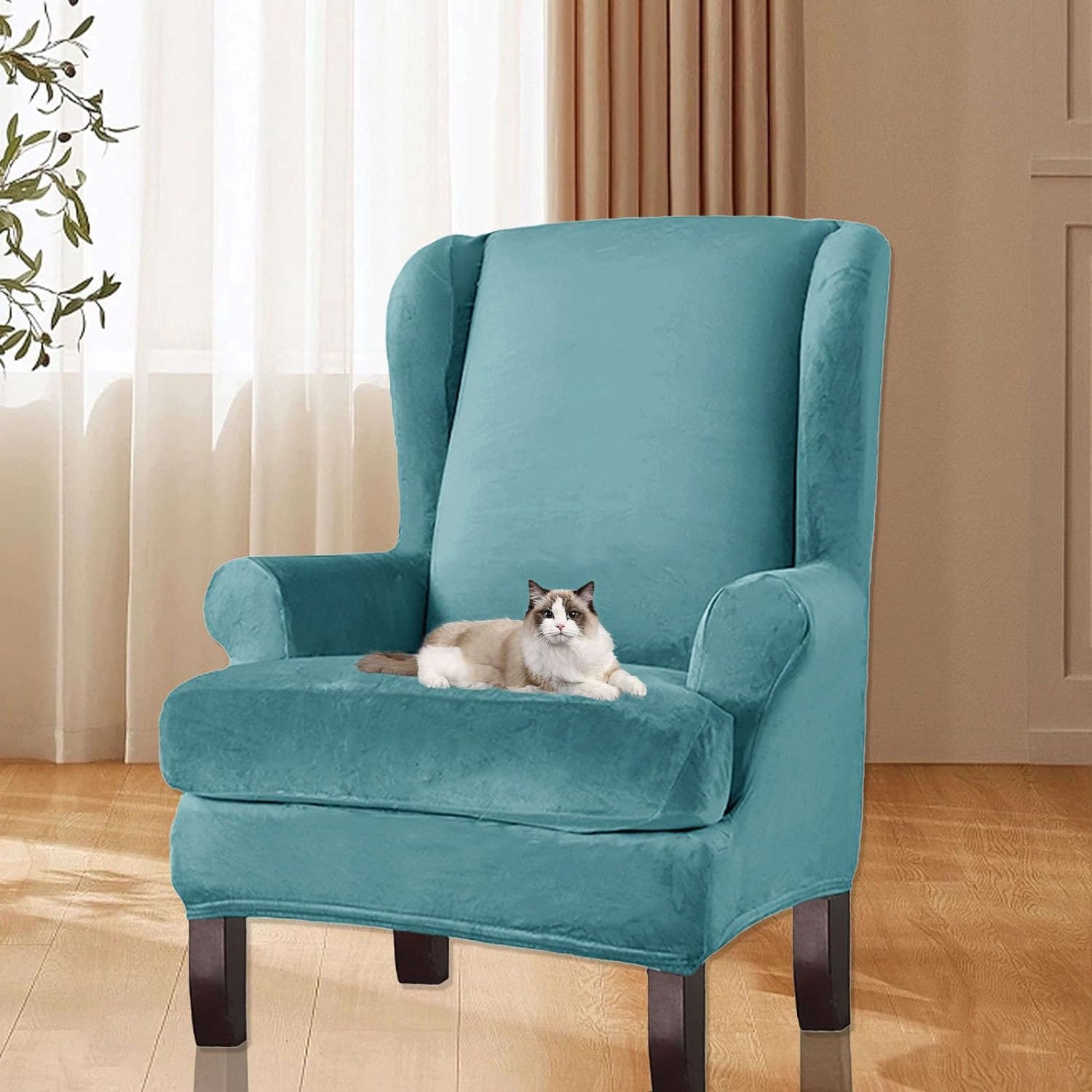 Amazon.com: HACLEN Velvet Wingback Chair Cover with Cushion Cover