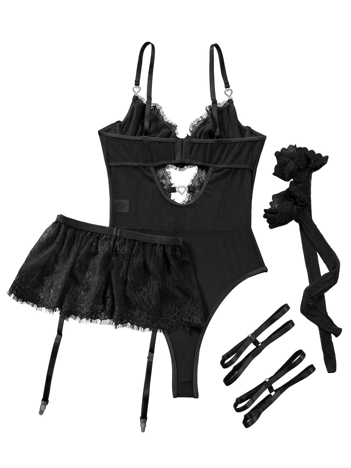 Lilosy Sexy Stocking Rhinestones Heart Garter Underwire Floral Mesh lace Sheer Babydoll Lingerie Teddy Bodysuit Skirt Set