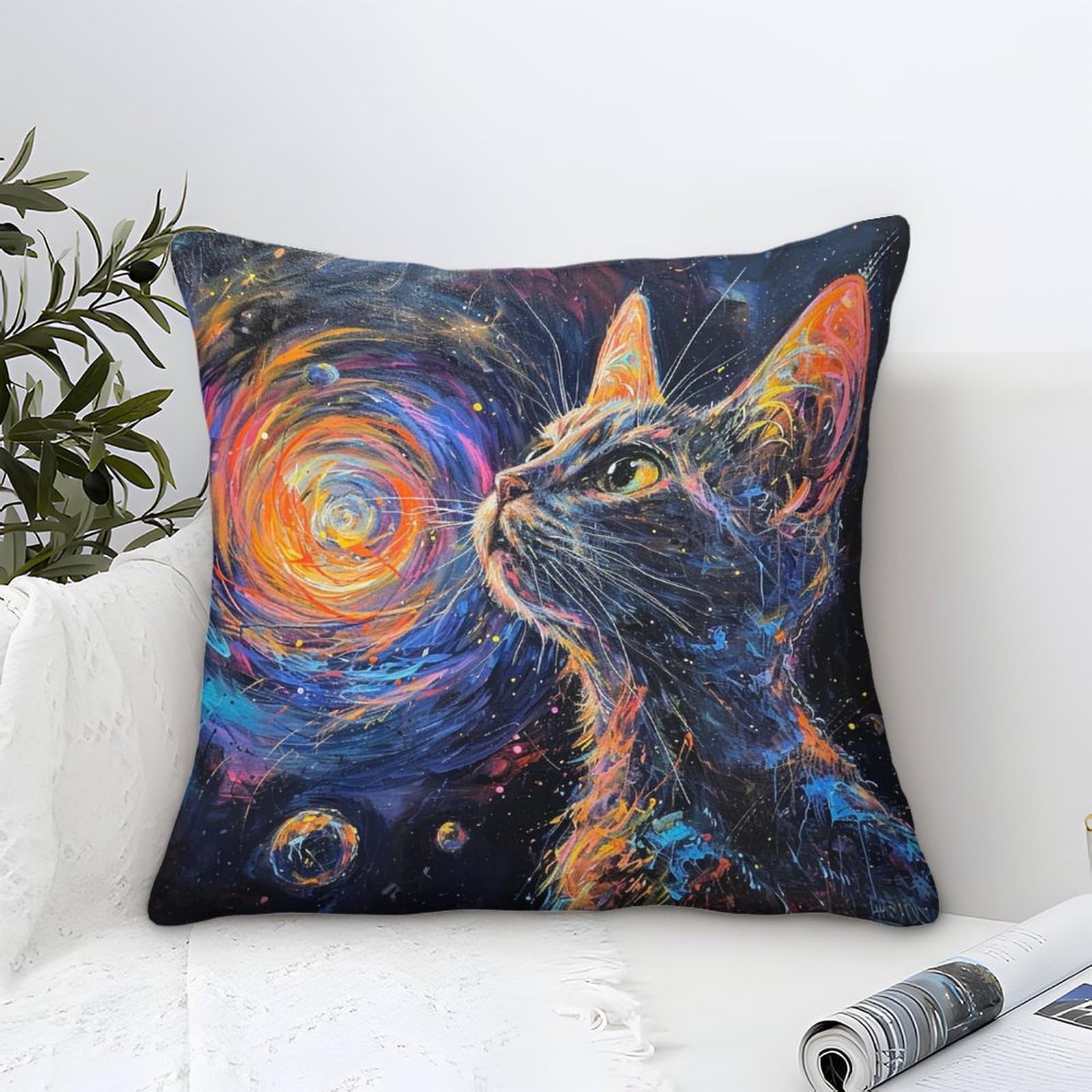 Yyvkpmlxc Style-6 Cushion Cover Cute Cat Modern Art Decorative,Cosmic Starry Sky Pattern Square Pillow Cases Soft Polyester Throw Pillow Cover For Sofa Garden Bed Couch Cushions 40X40cm