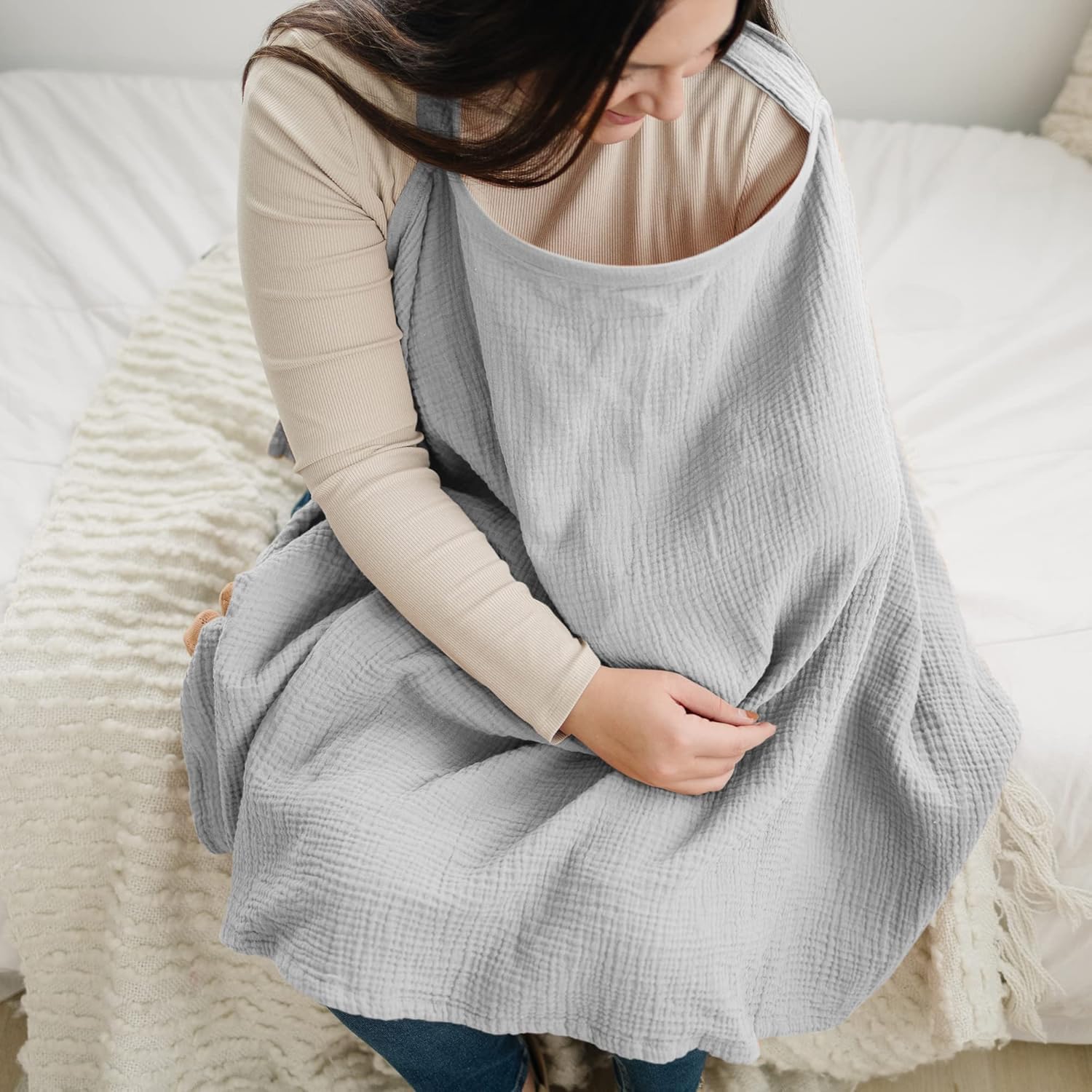 Housse d'allaitement en mousseline de coton avec sangle réglable, couverture légère pour extérieur (gris)
