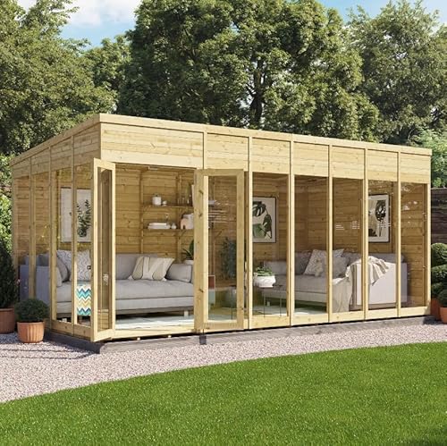 BillyOh Switch 16x8 Pent Log Cabin Summer House, Pressure-Treated Wooden Garden Shed with Floor-to-Ceiling Windows, Double Doors & Pent Roof, 11mm Tongue & Groove Garden Room, Outdoor Office & Studio