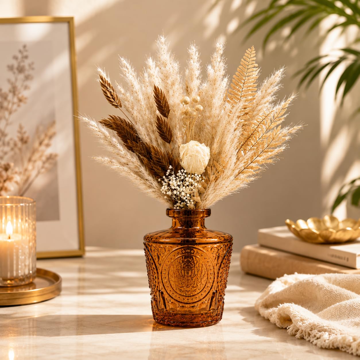 TIED RIBBONS Natural Pampas Grass Dried Flower Bunch with Vase (White, 7.5 Inc x 2 Inch) - Bouquet Artificial Flowers for Table Vase Bedroom Home Décor Bedroom Living Room Table Corner Wedding-picture-32
