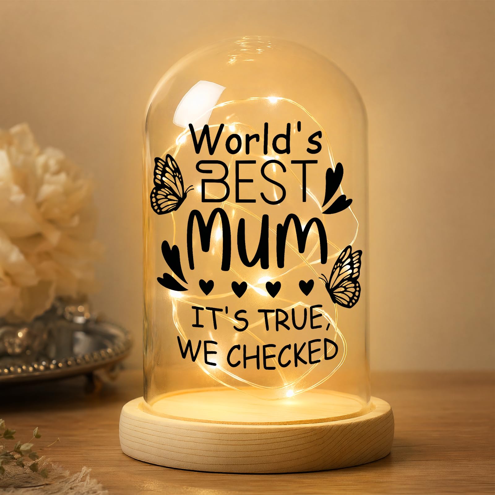 Belillpipi LED Glass Dome Gift for Mum, Best Mum Night Light, Light Up Glass Dome Decoration with Wooden Base, Birthday Gift for Mother from Daughter Son,Christmas Presents for Mum