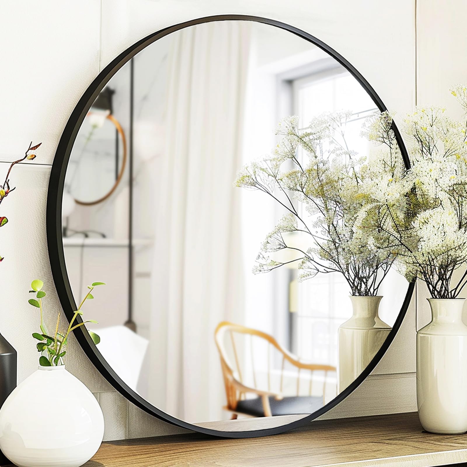 Sunniry Black Round Mirror, Round Mirror 24 inch, Black Circle Mirrors Matte Metal Frame, Wall Mounted Mirrors for Living Room, Bathroom, Wall, Entryway.