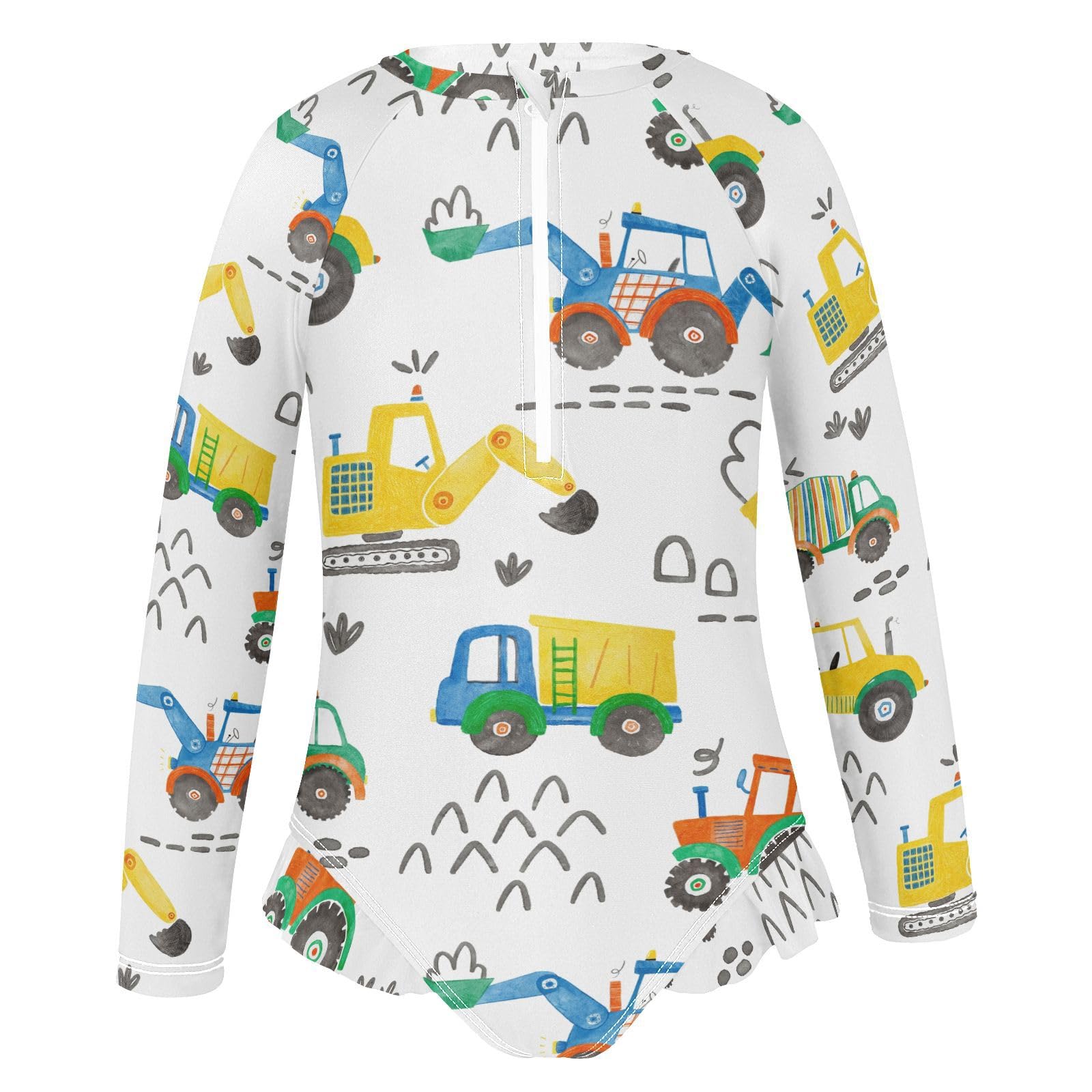 Ollabaky Baby Girls Long Sleeve Swimsuit Concrete Mixer Dump Truck Excavator Tractor One Piece Bathing Suit Rash Guard UPF50+ Toddler Girl Swimwear, 3T Multi