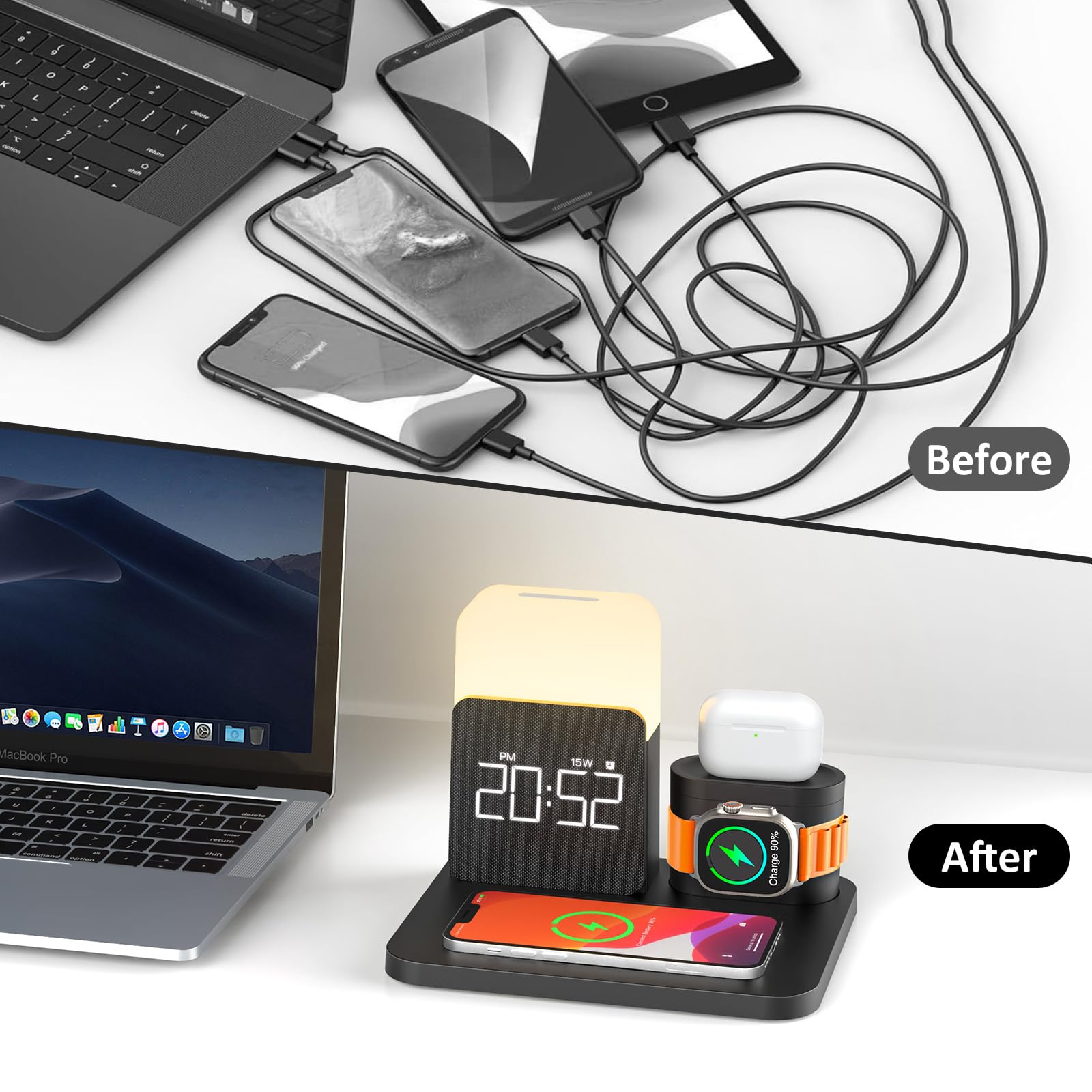 Stazione di ricarica 7 in 1 per iPhone, stazione di ricarica wireless, sveglia, luce notturna, caricabatterie wireless per iPhone 17 16 15 14 13 12 Pro Max e Apple Watch, supporto di ricarica per