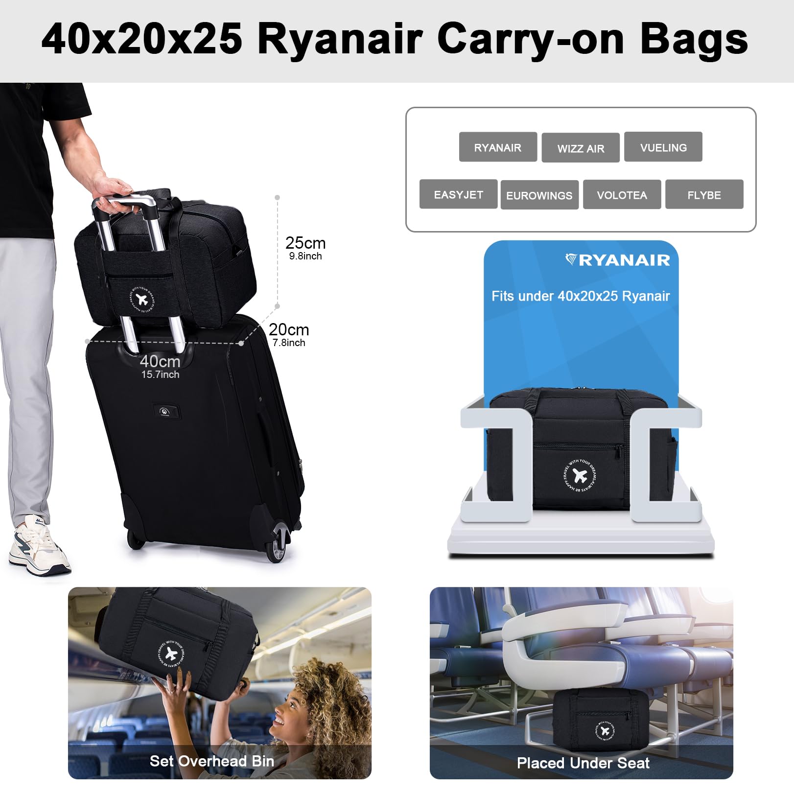 BAGZY 2x Torba Podręczna Ryanair 40x20x25 Składana Torba Kabinowa 20L Lekka Torba Sportowa na Weekend dla Kobiet i Mężczyzn Czarny