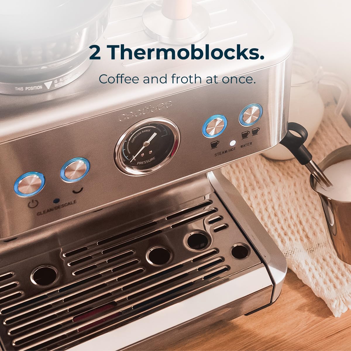 Cecotec Macchina da Caffè Espresso da 20 Bar Power Espresso 20 Barista. 2250W, Manometro, 2 Thermoblock, Lancia Vapore Orientabile, Contenitore per Caffè in Grani e Macinacaffè con 20 livelli