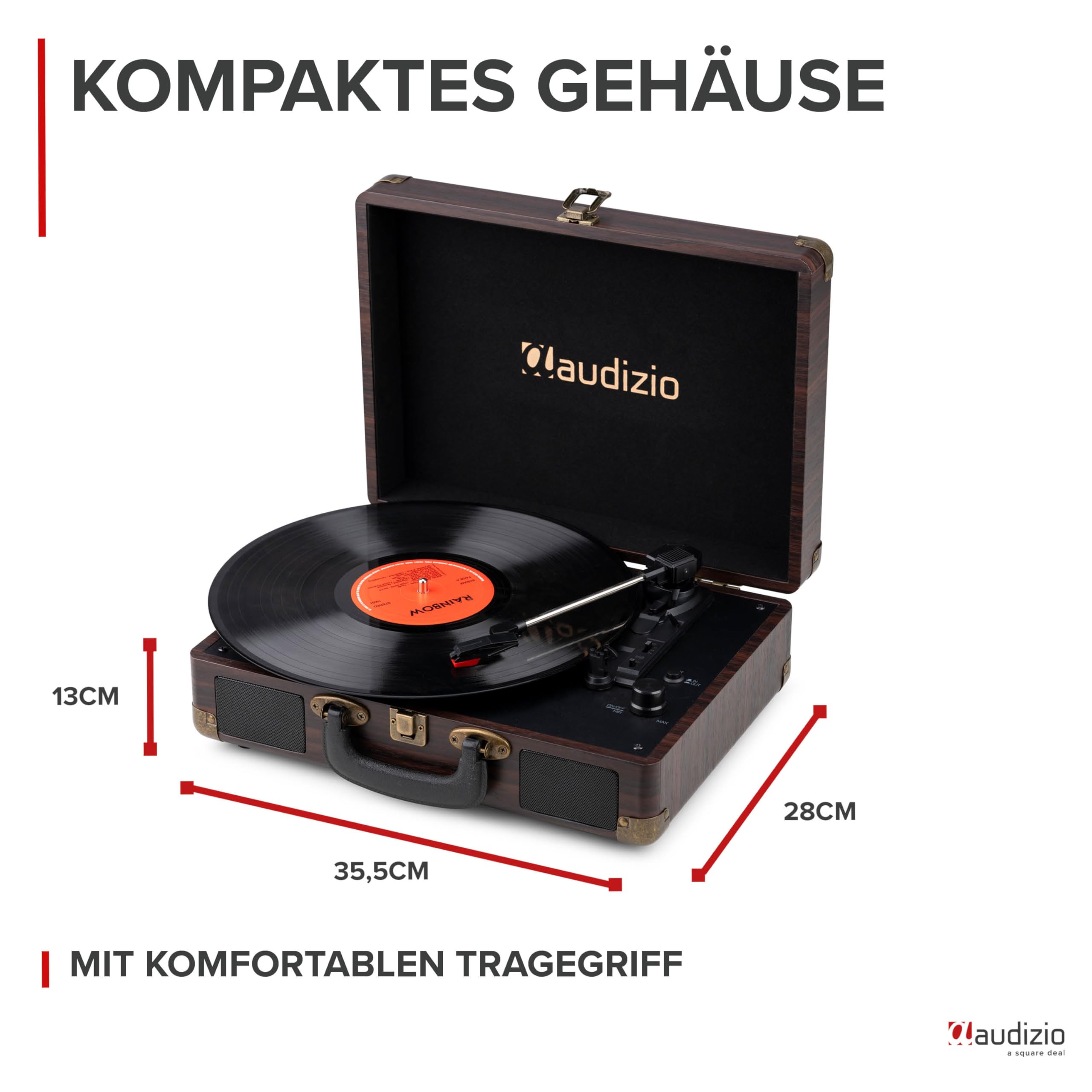 Audizio RP116DW Plattenspieler mit Lautsprecher - Vinyl Player 3-Gang Antrieb, Plattenspieler Bluetooth 5.0, Schallplattenspieler mit Riemenantrieb 33/45/78, Auto-Stop, Digitalisieren mit USB, AUX