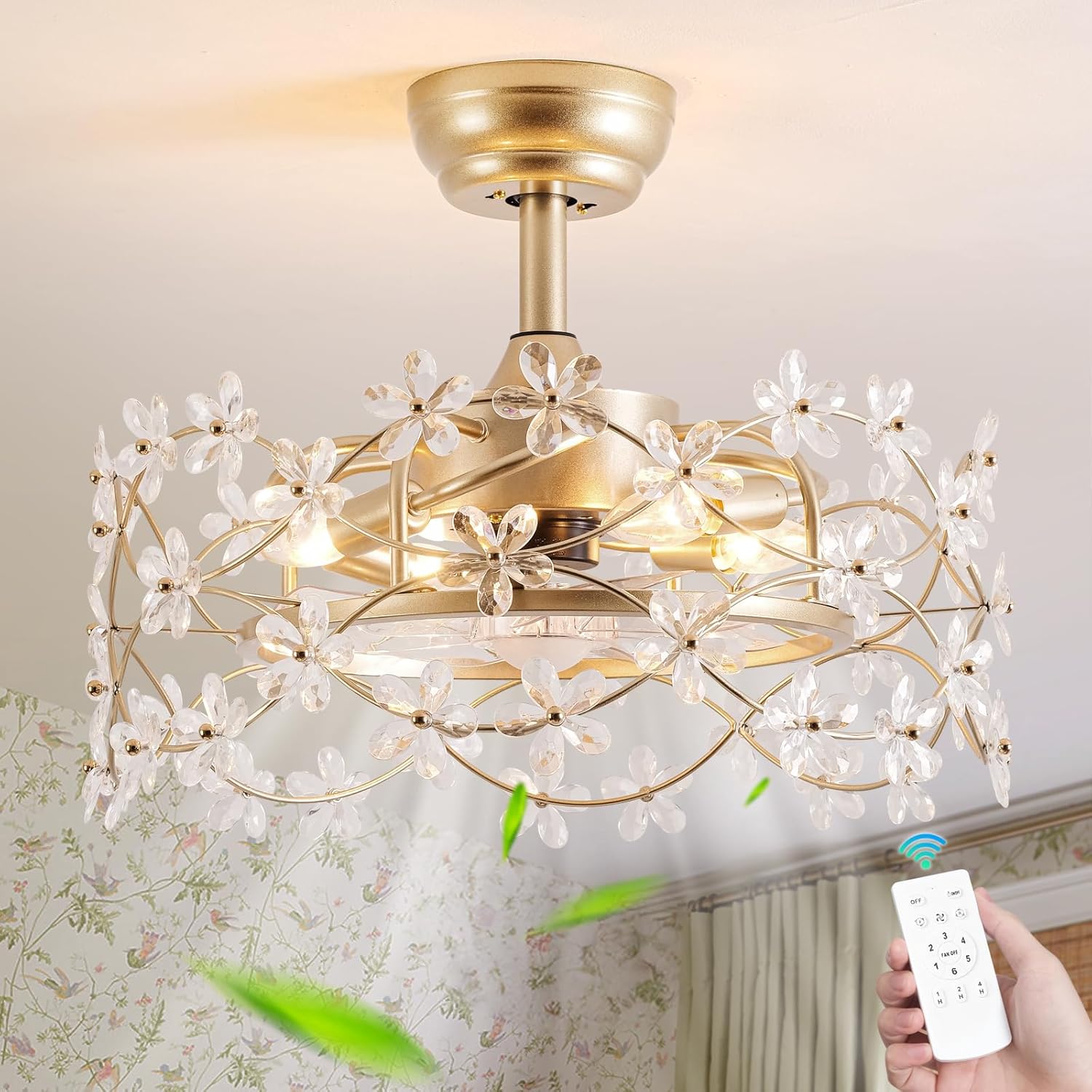 20" Gold Fandelier Ceiling Fan with Light, Flower Crystal Chandelier Ceiling Fan with Light and Remote Control, Modern Caged Enclosed 6 Speeds for Girl's Bedroom, Nursery, Living Room