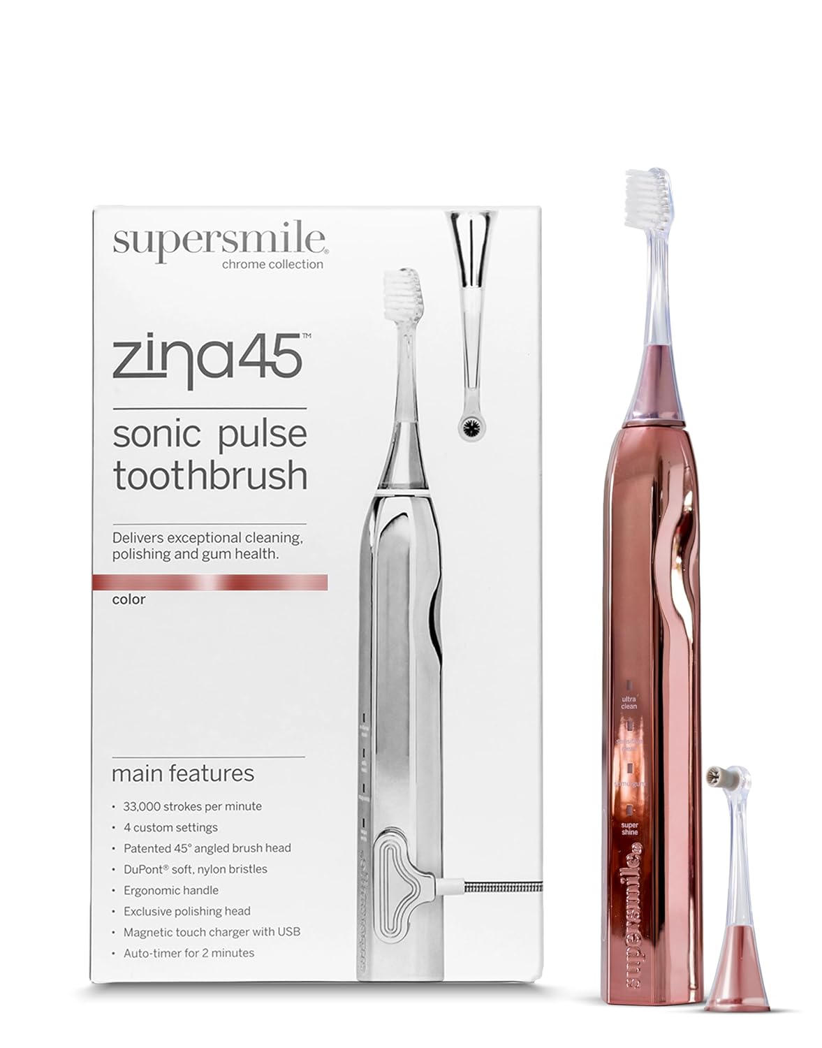 Supersmile Zina45™ Sonic Pulse Toothbrush – angled brush with polishing head for advanced cleaning – For Whiter Looking Teeth and Healthier Gums, Rose Gold