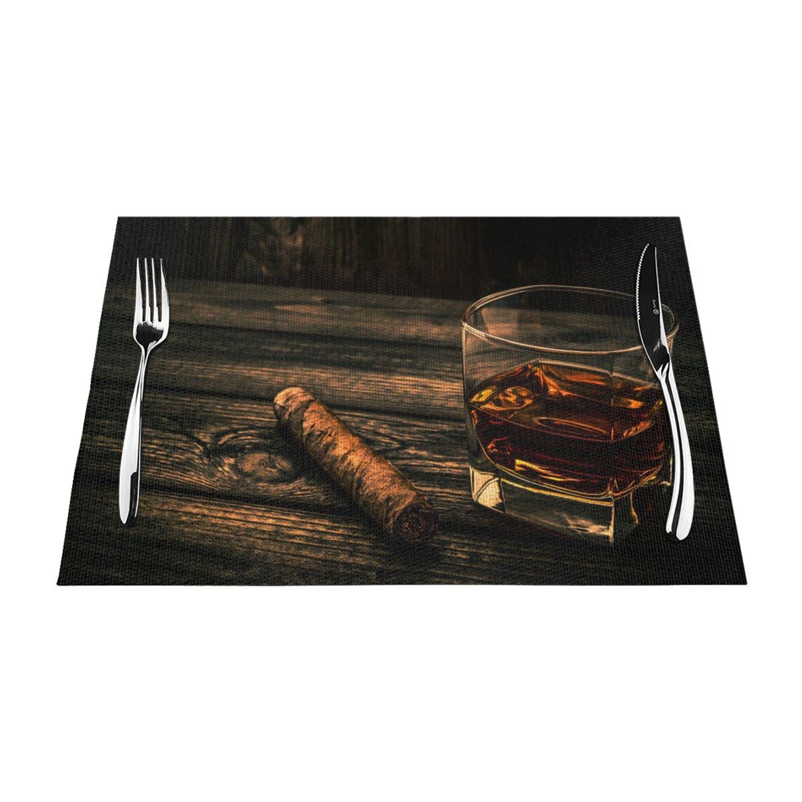 Cigar & Whiskey Print Stylish Woven Placemat - Heat Resistant, Easy To Clean, Perfect Table Decor