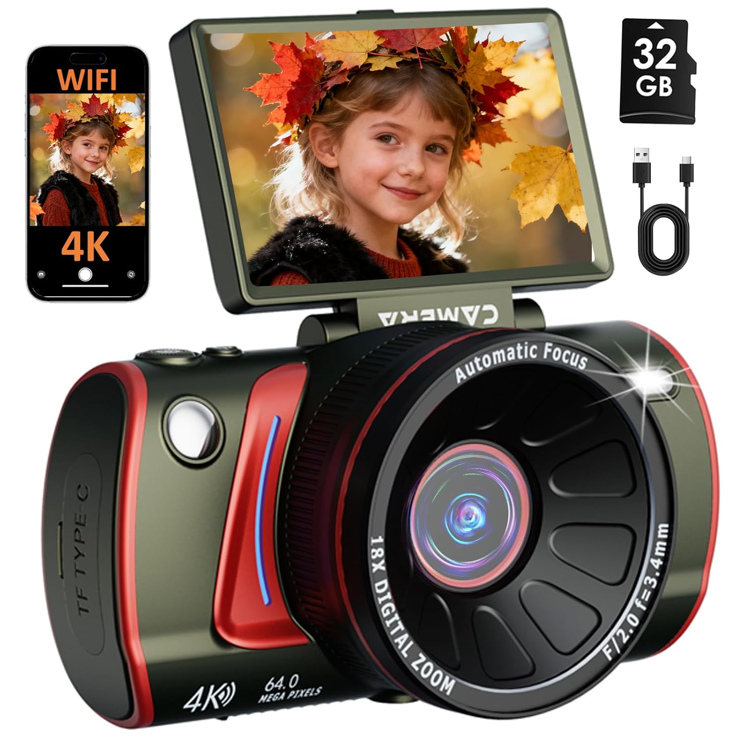 4K Digital Camera for Photography, Vlogging, 64MP WiFi Video Camera with 3″ 180° Flip Screen, 18X Zoom, Compact Point and Shoot Cameras with 32GB SD Card – for YouTube, Selfie Recording (Dark Green) 4K Digital Camera for Photography, Vlogging, 64MP WiFi Video Camera with 3″ 180° Flip Screen, 18X Zoom, Compact Point and Shoot Cameras with 32GB SD Card – for YouTube, Selfie Recording (Dark Green)