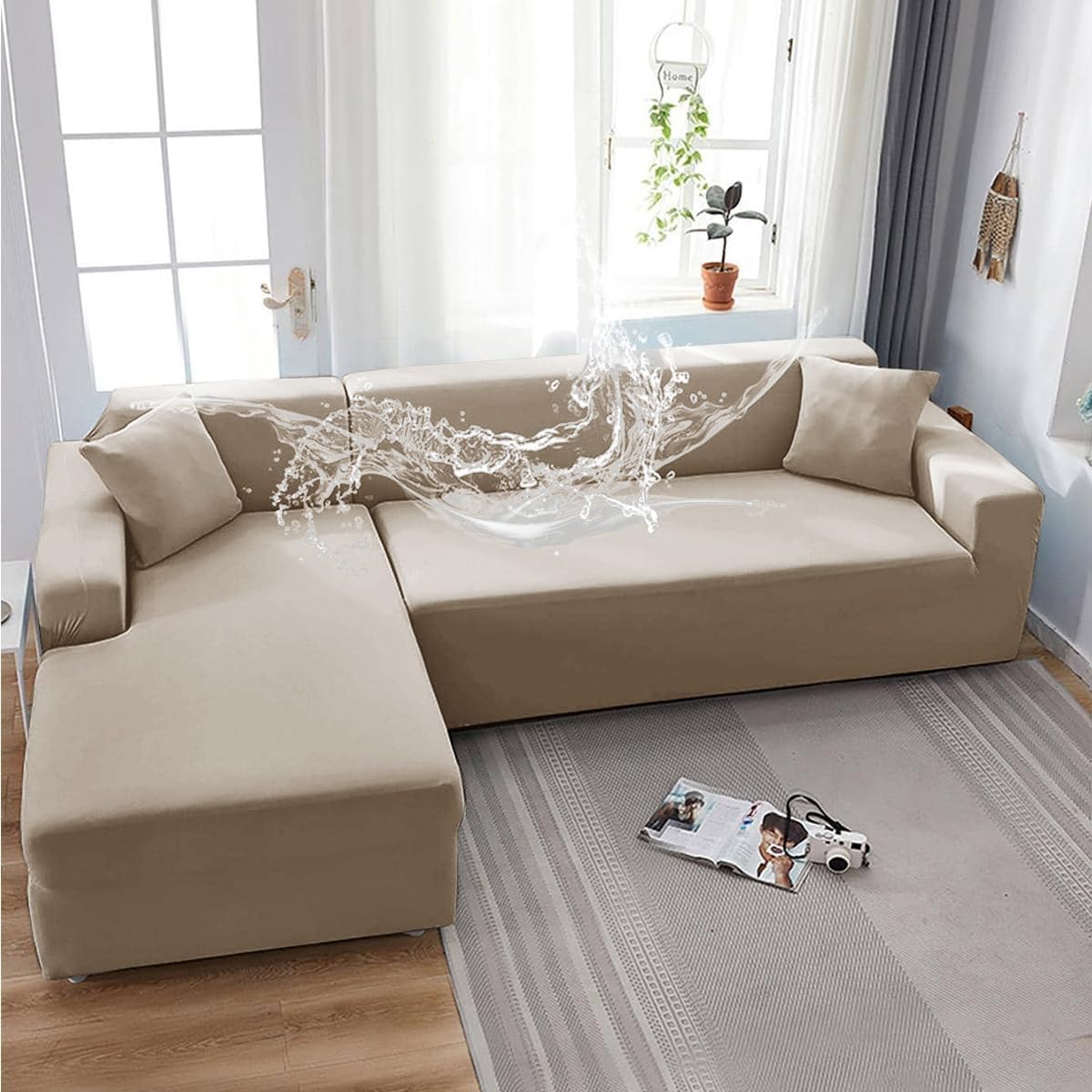 KAIJIE Sectional Couch Covers Waterproof L Shaped Sofa Slipcover Super Stretch 2pcs Sofa Slipcovers for 3 + 3 Seaters Sectional Chaise（Light Mocha Color）