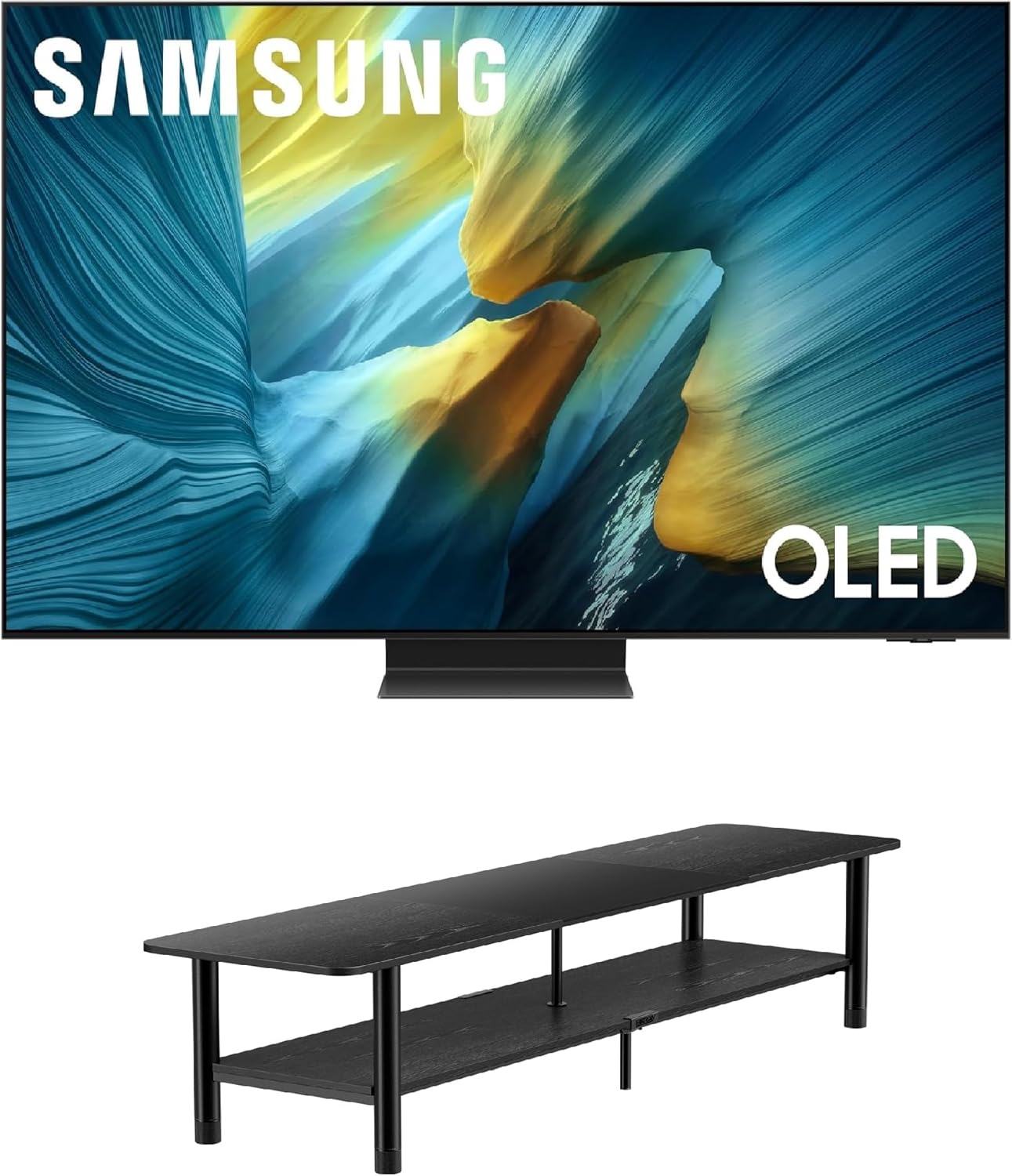 Samsung QN77S95FAFXZA 77" OLED HDR Pro 4K Smart TV with Q-Symphony Pro with an ErgoAV ERTFX1-01B 80" FlexFold Frame TV Stand with Shelves (2025)