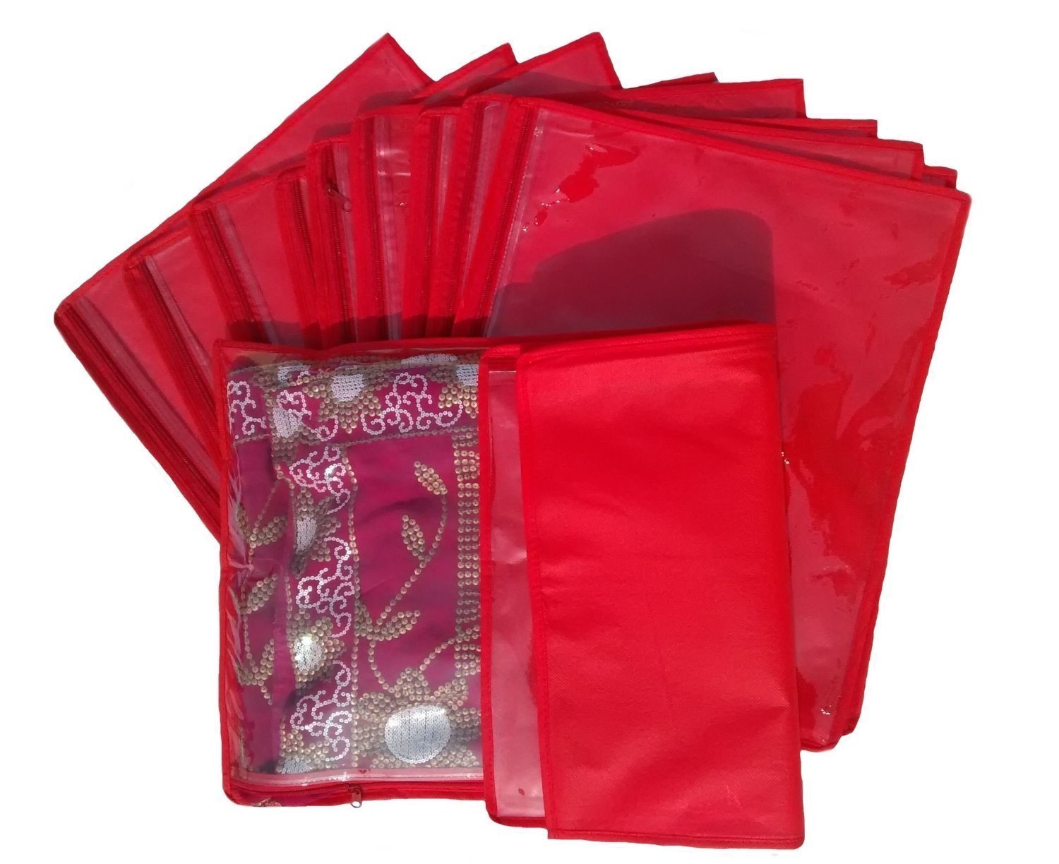 KANUSHIKANUSHI Industries® 10 Piece Non Woven Single Saree Cover (Red) Transparent and Fabric