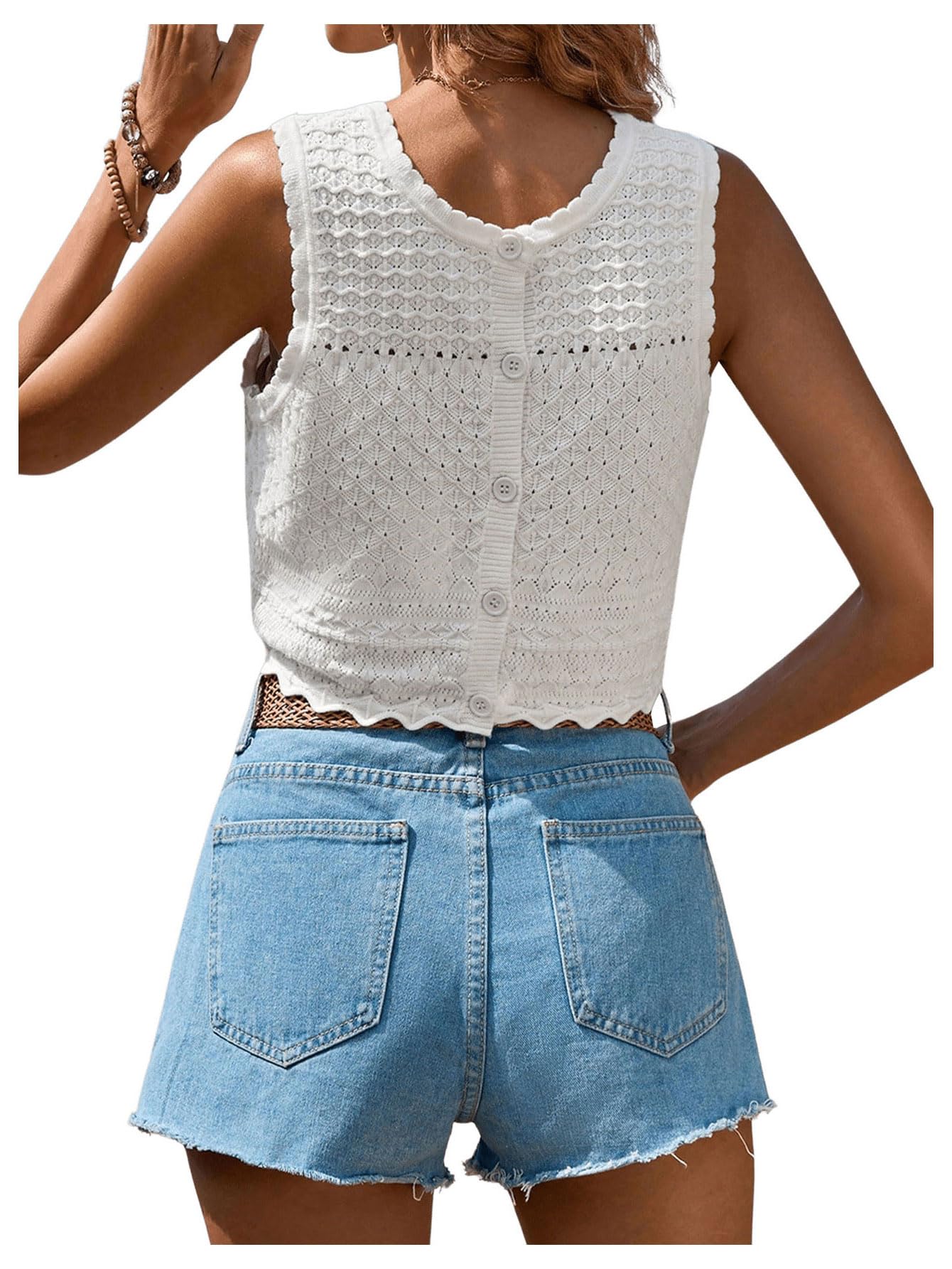 GORGLITTER Womens Crochet Tank Tops Sleveless Crew Neck Knit Lightweight Sweater Vest Button Back Summer Tops